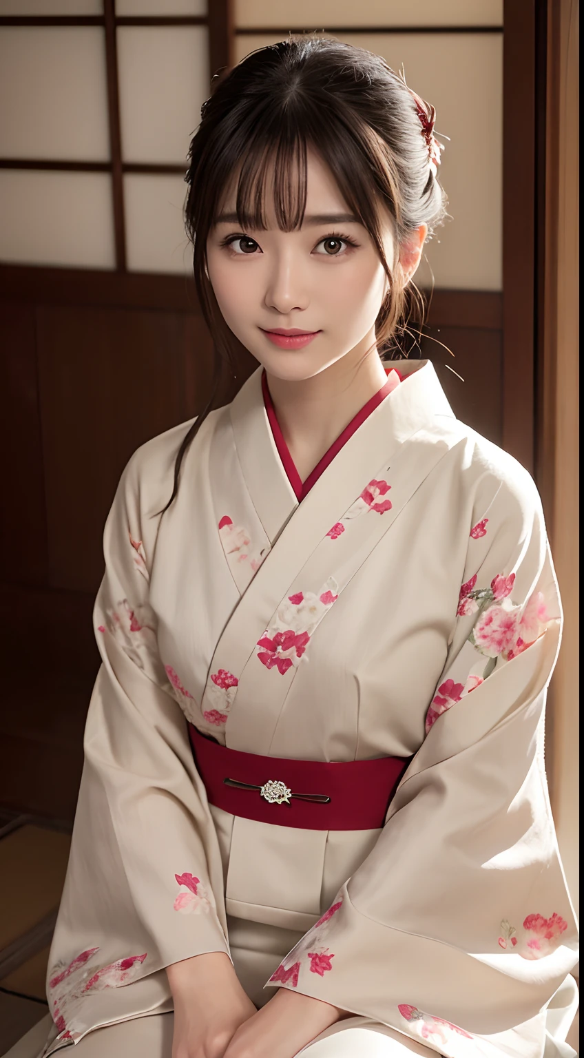 (Photorealsitic:1.4), (Top image quality:1.0), (超A high resolution:1.0), 8K, Raw photography, (masterpiece:0.2), (pureerosface_v1:0.5)、(Best Quality Detail:1.2)、realisitic、8K UHD、hight resolution、(1girl in:1.2)、The ultra-detailliert、High quality textures、intricate detailes、detaileds、Very detailed CG、High quality shadows、Detail Beautiful delicate face、Detail Beautiful delicate eyes、depth of fields、Ray traching,1girl in, japanaese girl, Cute, slender, Kimono with Japanese pattern,Floral scrunchie, Beautiful skin, Facing the front,Sit down, Sit upright and say thank you,Align your hands elegantly,Smile faintly The Land of Japan,Japanese garden,Luxury Japanese-style room, skyporn, Magic Hour, (Realistic:1.3), Finely detailed, quality, (masutepiece:1.2), (Photorealistic:1.2), (Best Quality), (Intricate details), Dramatic, Ray tracing, photograph, +Lola