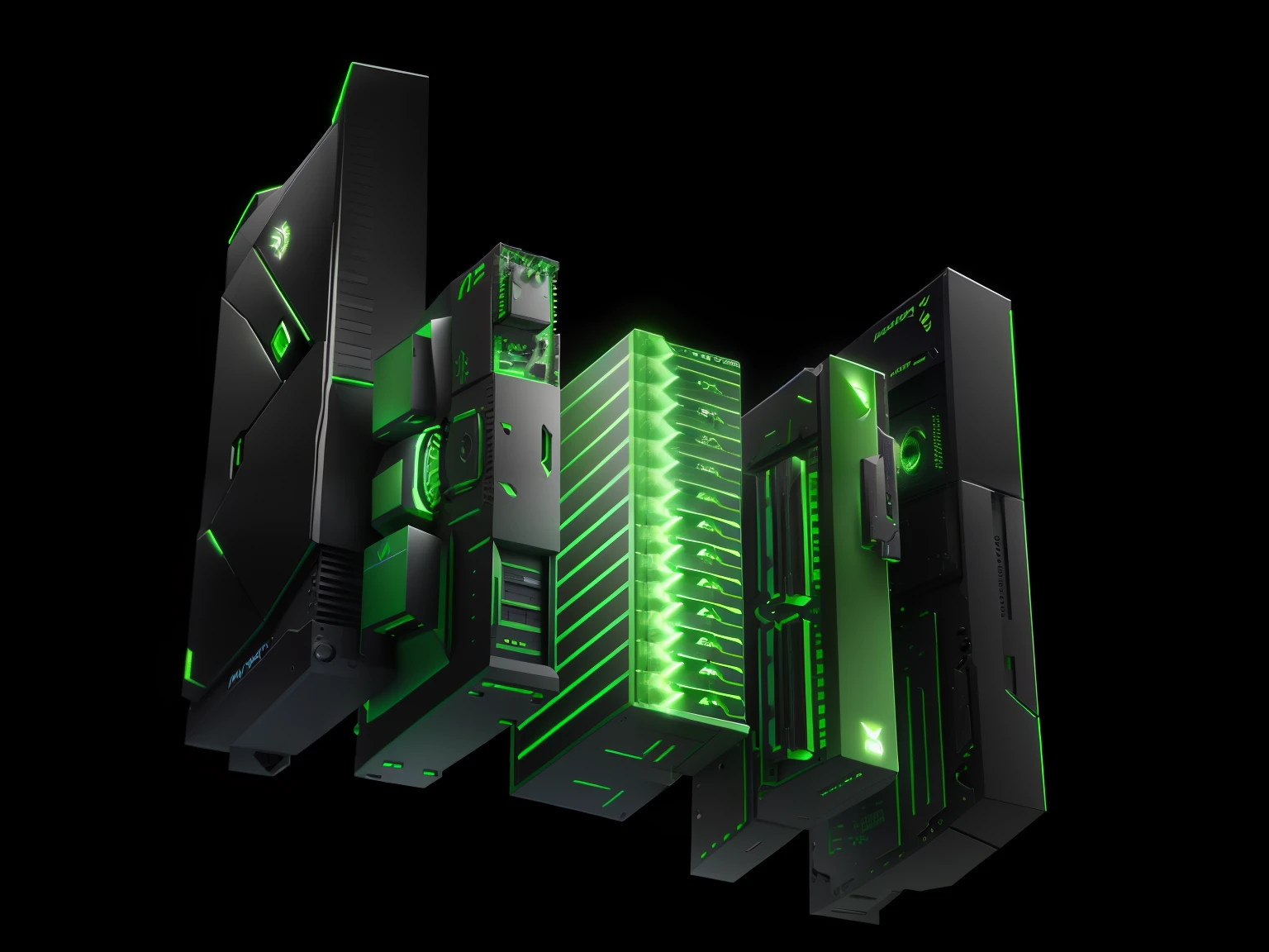 There are three green lights on a black background, nvidia omniverse, Product rendering, green matrix light, depicted as a 3 d render, powering up. ultra - detailed, bottom - view, metamorphosis complex 3d render, 3 d product render, Technology, computer generated, optane render, on a dark background, detail shots, Xbox Series X