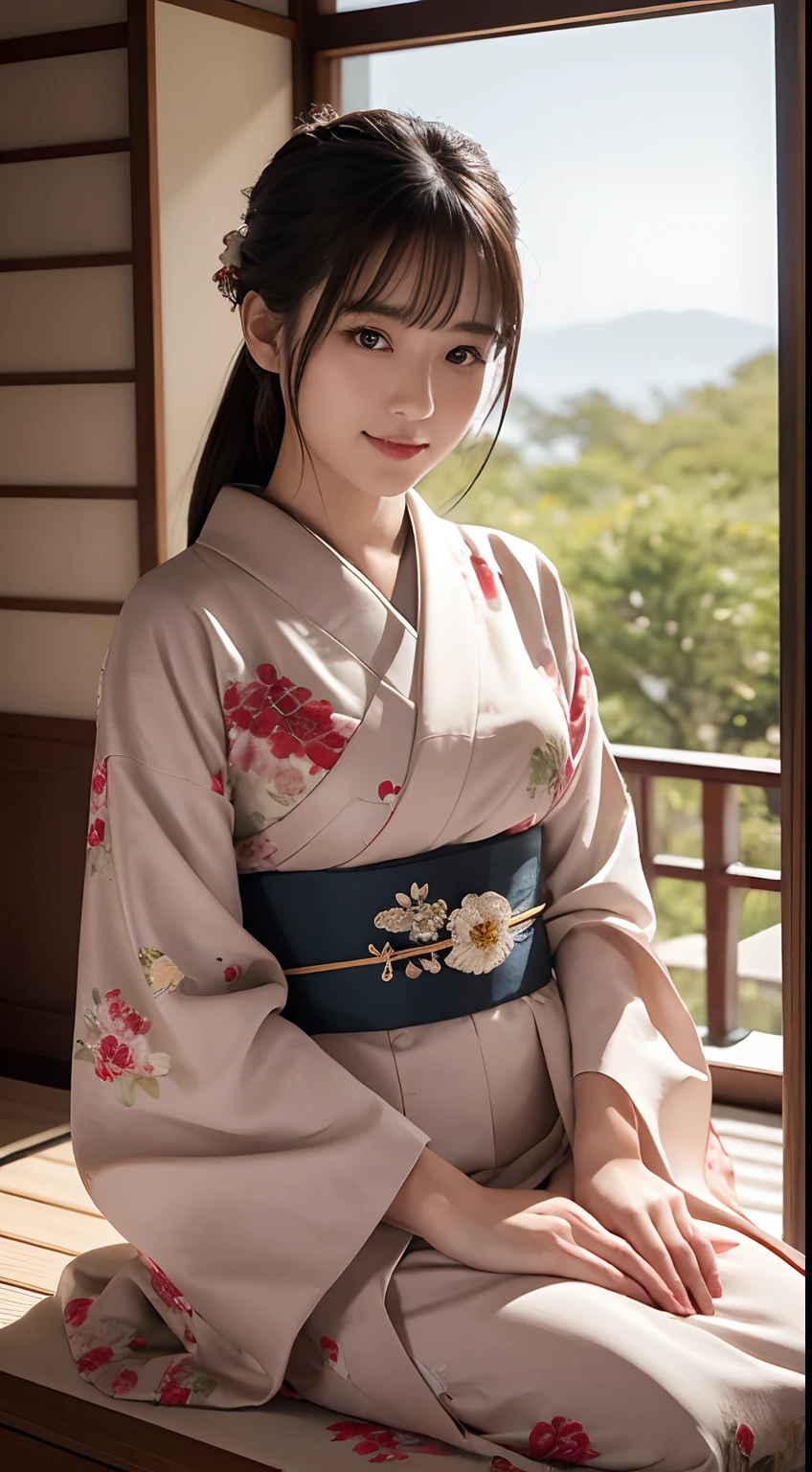 best quality, face focus, soft light, (depth of field) ,ultra high res, (photorealistic:1.4), RAW photo, (portrait:1.4) ,(from front)
1japanese girl, solo, cute, (shy, smile:1.1), (brown eyes), detailed beautiful face, (short_hair ), japanese-style room
(silk kimono:1.4)