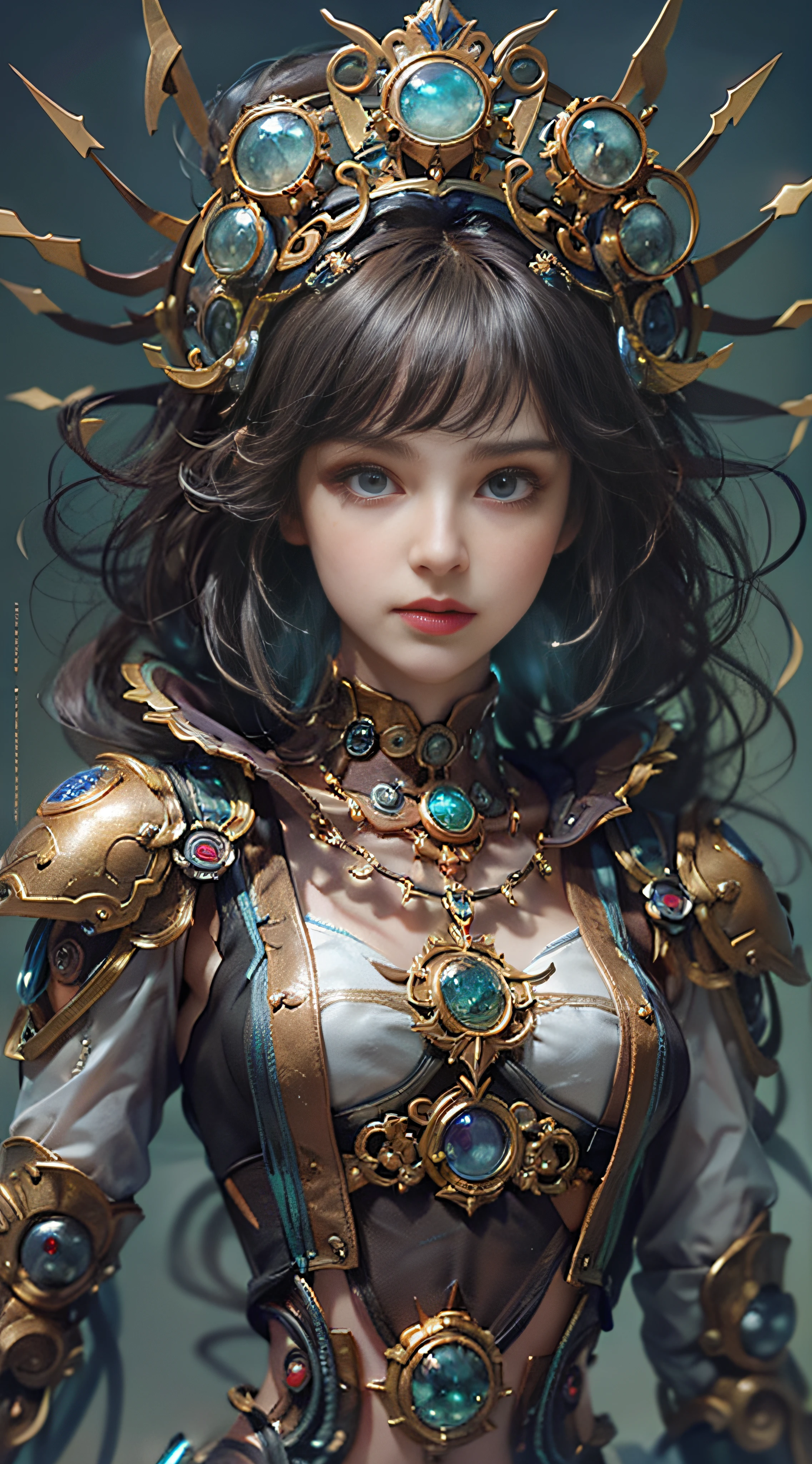 (((Masterpiece, top quality, super detailed))), (((One endless mage girl, , radiating magic))), (((complex mechanical headgear, complex mechanical steampunk fashion and overdecorated gothic fashion and neon glitter cyberpunk fashion fusion of))), bust-up photos, ((((very detailed face))), (((very sharp focused eyes))), very large slit dark gray eyes that shine like jewels. Very long eyelashes, long dark hair in vertical curls, thick bangs, perfect princess cut, very gorgeous tiara, (((perfectly accurate human anatomy))), long neck, narrow shoulders, long slender arms, small breasts, very narrow waist, very small buttocks, long slender legs, (((overall accuracy has been dramatically improved, creating super detailed, realistic and realistic images)))), (((magic, magic spell light, magic weapon))), dynamic poses, cinematic lighting,