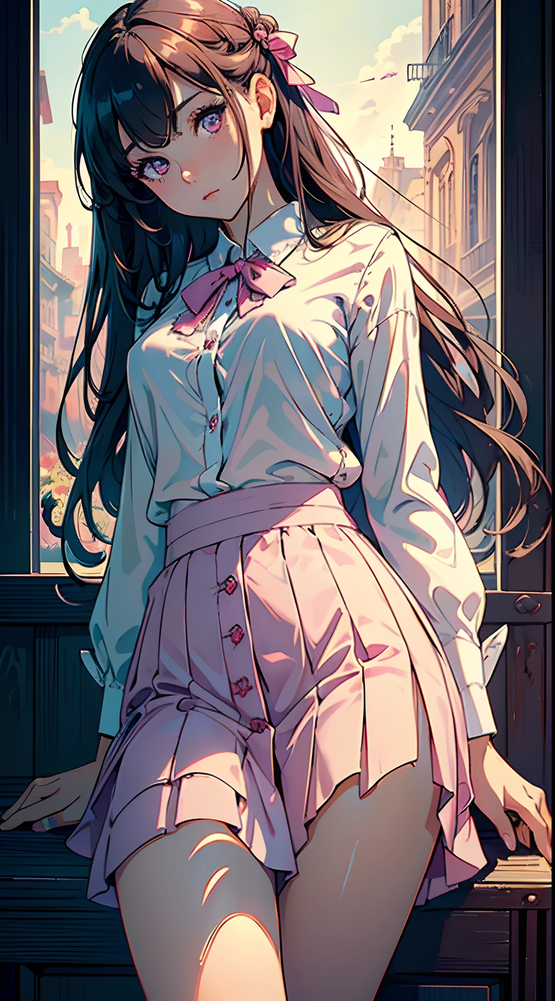 (detailed beautiful eyes and detailed face, masterpiece side light, masterpiece, best quality, detailed, high resolution illustration), (1 girl, beautiful girl, shiny skin, looking down, looking at viewer), ( Sky blue long hair, pink eyes, skirt, ribbon, button-down shirt) 45 degrees, top view,  sideways, (hand detail)