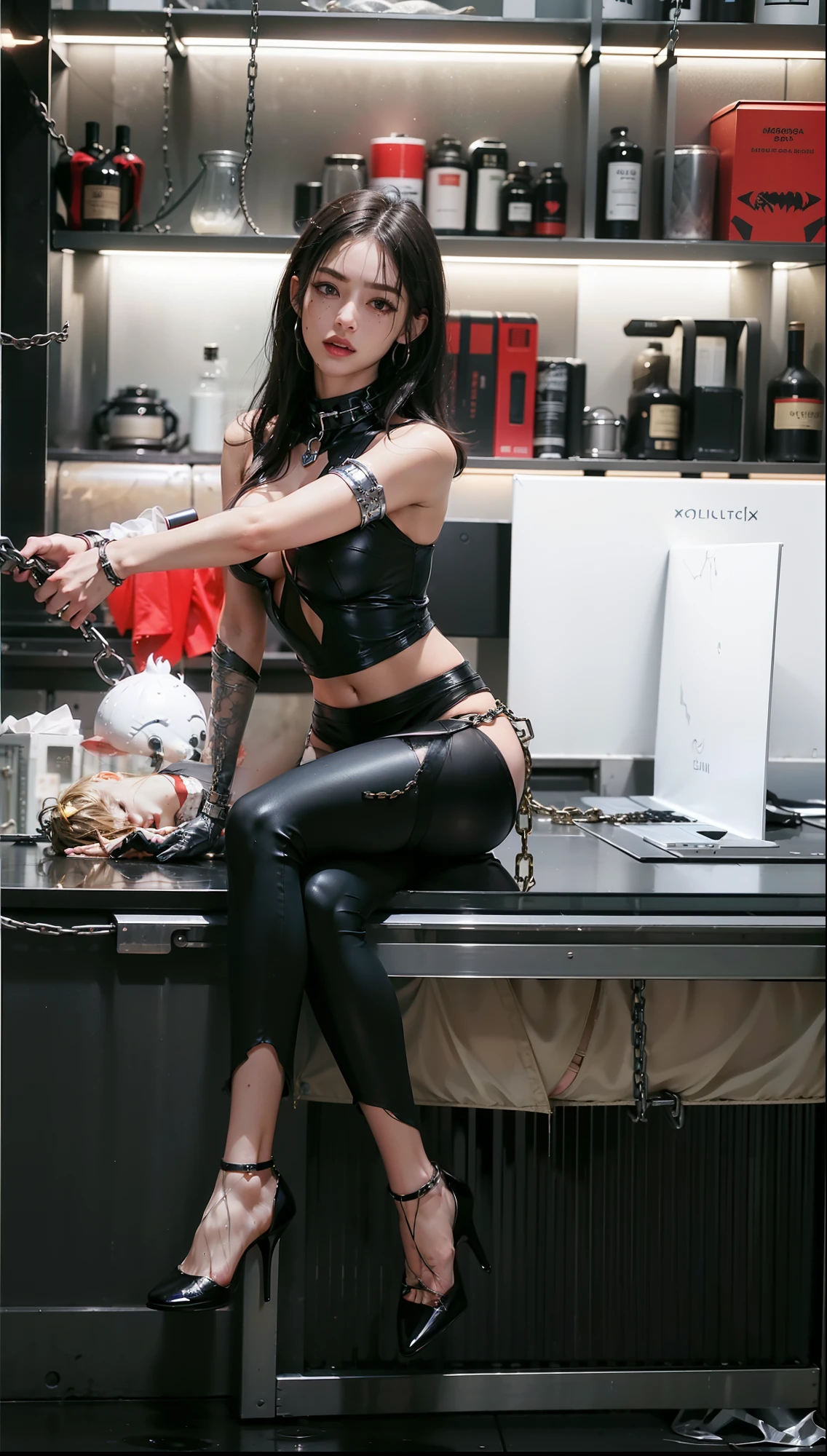 ,((Wearing a torn sheer costume of a superheroine)),(, No bra)), Wet crotch, Wet thighs, Beautiful girl with accentuated slender abs: 1.4, (((nipple tips protruding, areola is protruding, The shape of the pubic region is clearly visible)), sixpack abs: 1.4, Bust Botox, Photo, Sharpness, Unique 850 4, Koda850 k portrait camera, F1.6 shots, Ultra-realistic textures, Spectacular light textures, Cinestil 800 Fashion Mechanics, (futuristic sci-fi battle fashion: 1.1), (tied perfectly by chain), Restraint, Slaves, collars, ((wide prison with sunlight)), Dark fantasy, Realistic material details, extreme hight detail, Ultra-realistic materials ((Torn costume))), Wet, Cloudy, (Chained)), ((big emphasized by chains)), ((chains digging into crotch)), ( (Collar)), (, No bra), shredded costumes, broken golden shields and battle spears,, White combat gloves, Combat shoulder armor, Blood splattered on the face, Blood splattered, Realistic, (Bruises, Dirty, ripped clothing, skimpy clothing, Blood: 1.3), Torn Cape, Torn pantyhose, Long legs, ((iron pipe in the crotch)), Metallic shackles and fetters, ((chains hung from heaven)), Wet crotch is clearly visible, Swarovski's sword and the anatomy beneath his feet, (futuristic sci-fi battle fashion, Torn mesh stockings),