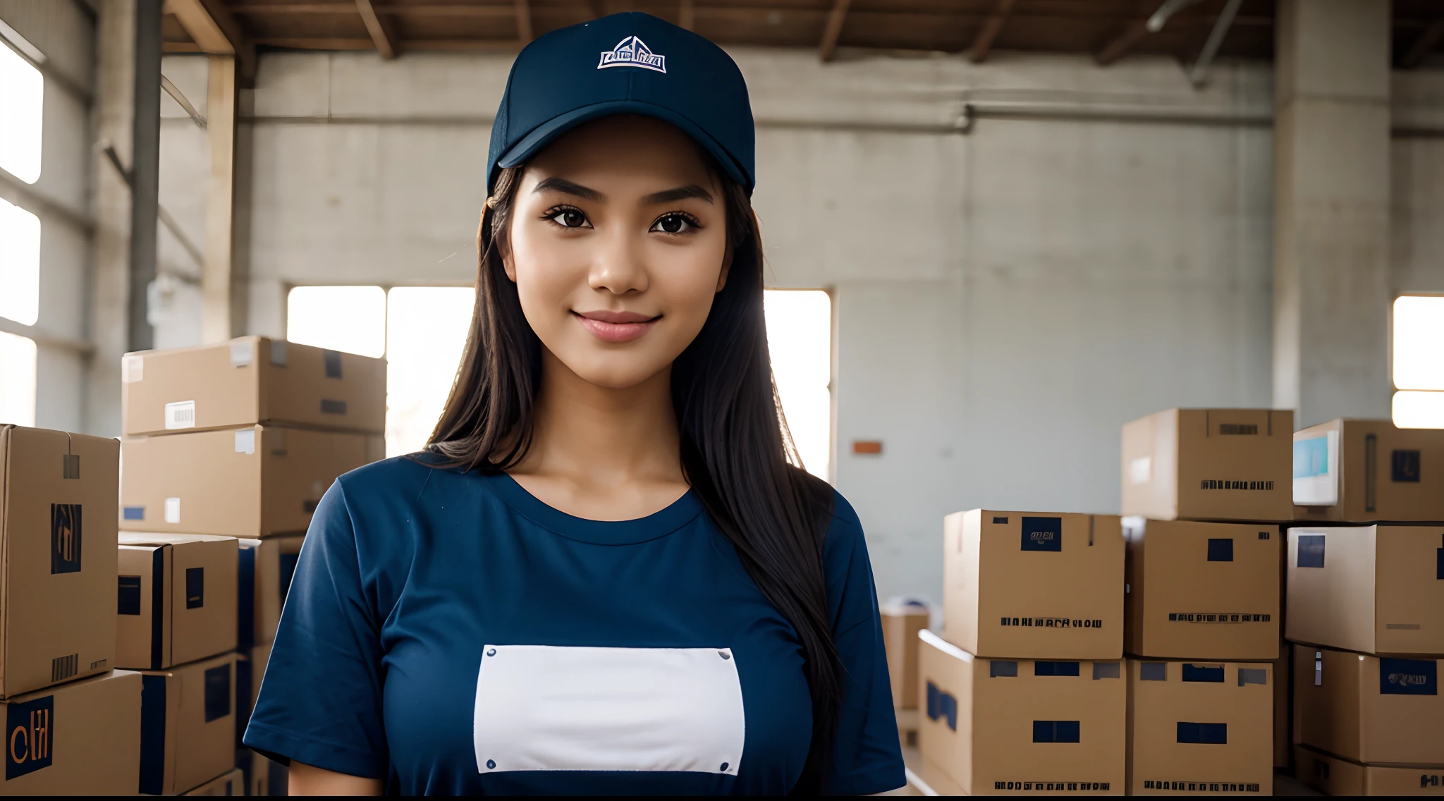 RAW Photo, DSLR BREAK (kkw-ph1:0.9) BREAK half body portrait of 1 young 20yo woman holding brown boxes, black hair, wearing plain blue t shirt, plain blue trucker cap, perfect eyes, perfect lips, perfect nose, professional color graded, wonderful woman, ecommerce background, warehouse background, cute woman, medium tits , smiling, filipina, pinay, filipino woman, rule of thirds shot