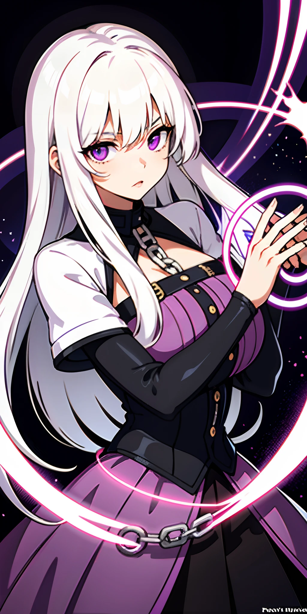 upper body, 1woman, white hair, Long Haired, purple eyes, (slave), chain collar, big breats, wallpaper, magic circle background, light particles, hands behind the back, (masterpiece), best quality,