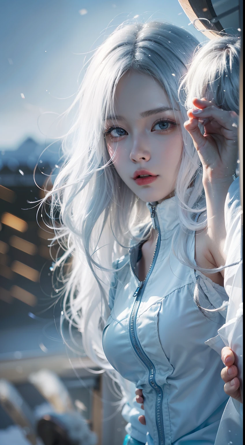 beautiful, young woman, in the crystal and ice area, fluttering snow, horse riding, a white hourse, gradient hair, white hair, blue hair, long hair, eye reflection, disdain, ray tracing, reflection light, blurry, glowing light, depth of field, chiaroscuro, stereogram, zoom layer, cowboy shot, f/2.8, bokeh, masterpiece, best quality, high quality, HD