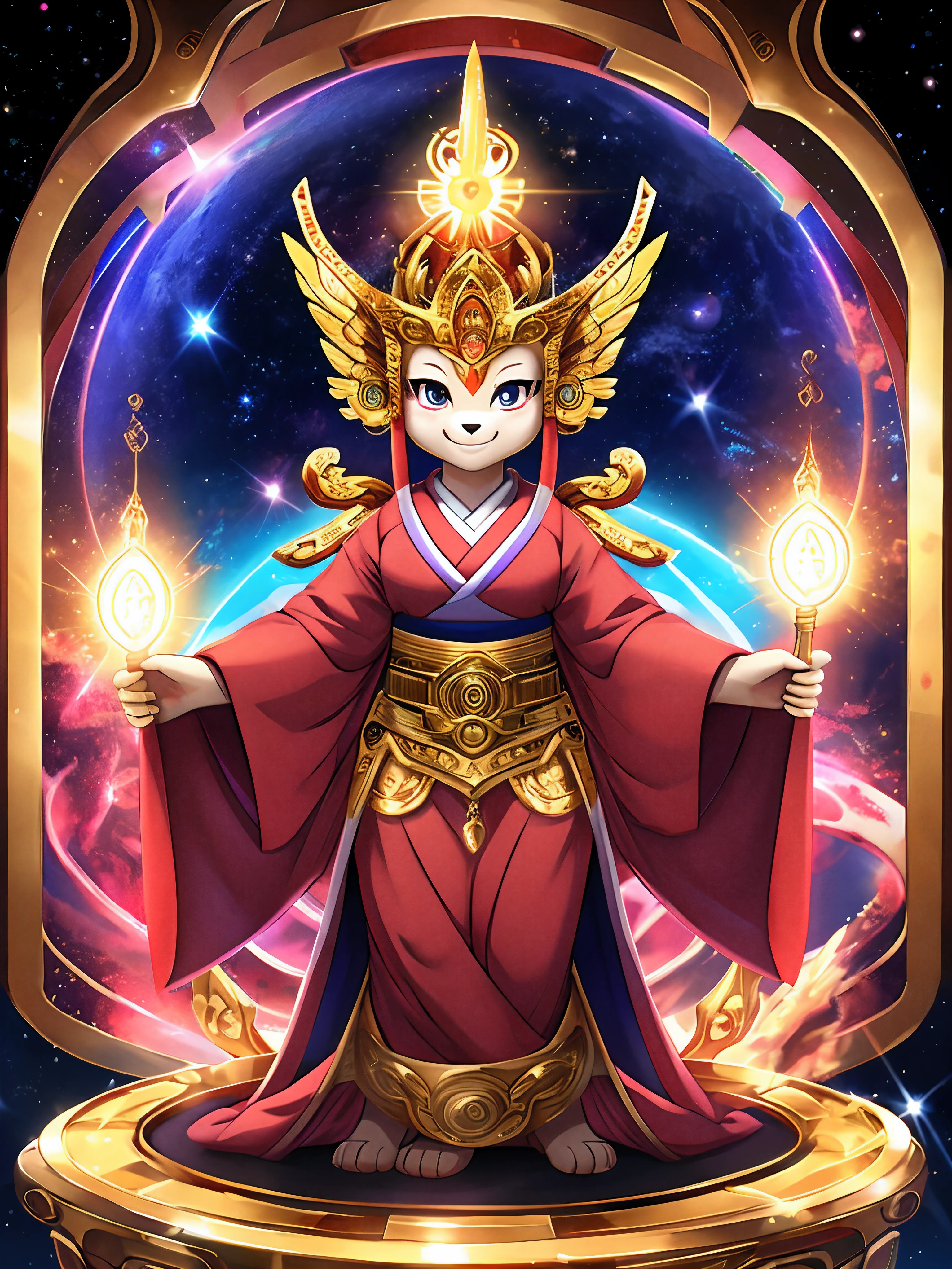 top-quality, masterpiece, 8K picture quality, High-density illustration, Full Body Display, (goddess of Japan:1.1, The Power of Omniscience and Almighty), Advent from a fantastic space, Colorful colors, cute face, A smile that brings good luck, (Looking at the camera from the front), Gold treasure on background, Golden wand in left hand