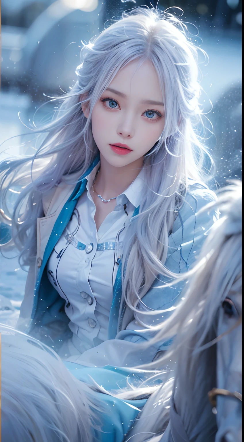 beautiful, young woman, in the crystal and ice area, fluttering snow, horse riding, a white hourse, gradient hair, white hair, blue hair, long hair, eye reflection, disdain, ray tracing, reflection light, blurry, glowing light, depth of field, chiaroscuro, stereogram, zoom layer, cowboy shot, f/2.8, bokeh, masterpiece, best quality, high quality, HD