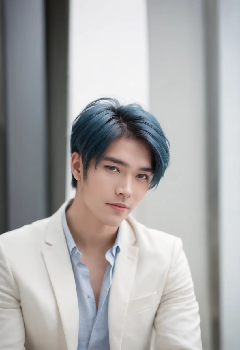 masterpiece, best quality, ((1man)),blue hair,green eyes,serious expression, smiling,waist up,line art,medium hair,white blazer,black t-shirt,expressionless eyes,((Tite Kubo style))