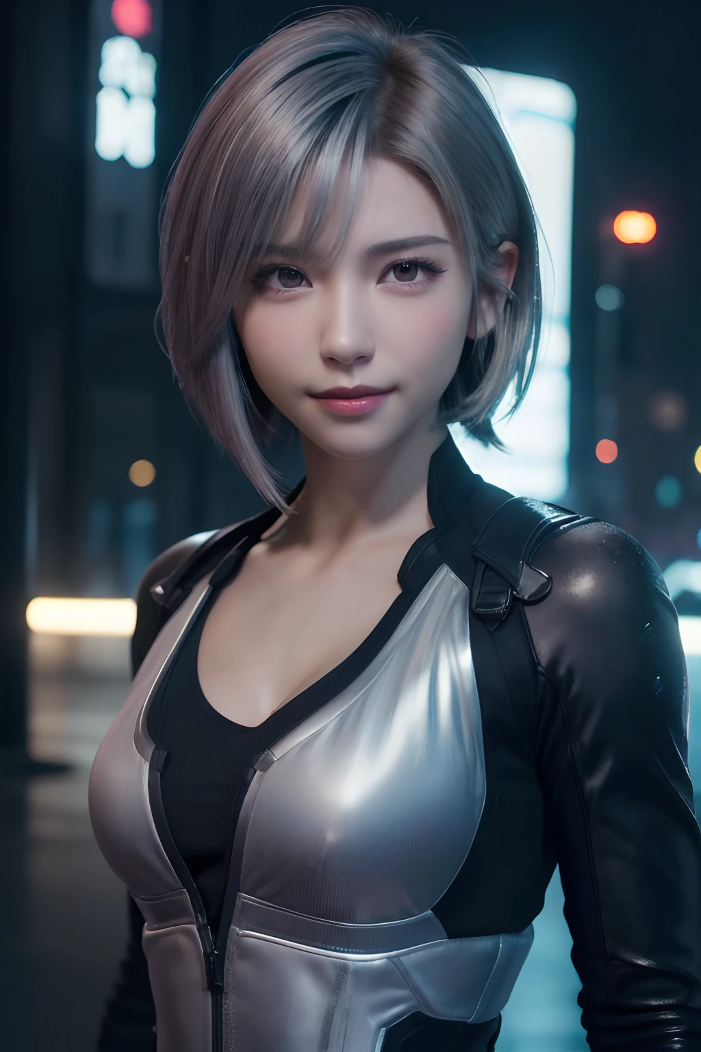 (8k, photorealistic, RAW photo, top quality: 1.4), (1girl), super beautiful, (realistic face), (boyish, silver-colored berry short hair), beautiful cyberpunk suit, glares seducing viewer, beautiful expression, beautiful breasts, (realistic skin), beautiful smile, (soldier), attractive, ultra high resolution, ultra realistic, high definition, spoiled