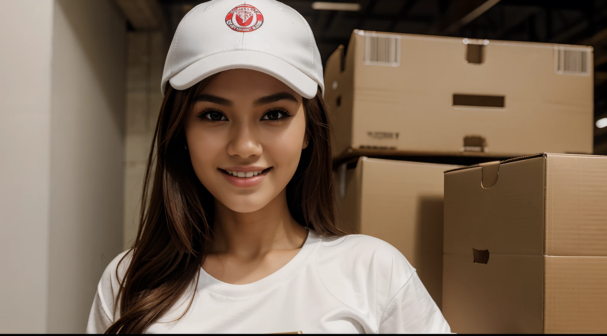 RAW Photo, DSLR BREAK (kkw-ph1:0.9) BREAK half body portrait of 1 young 20yo woman, holding a big box, holding a large box, black hair, wavy hair, wearing plain white t shirt, plain white trucker cap, perfect eyes, perfect lips, perfect nose, professional color graded, wonderful woman, ecommerce background, warehouse background, cute woman, medium tits , smiling, filipina, pinay, filipino woman, showing butt, rule of thirds shot