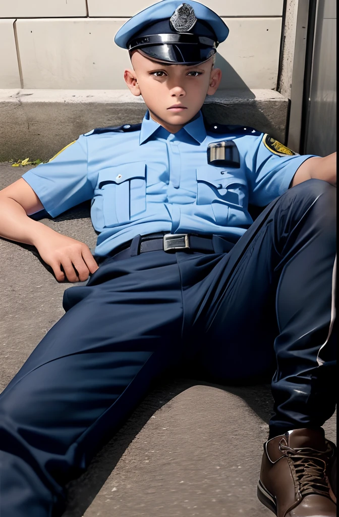  mexican male boy, detail police uniform, shave head, wear cap , knee open wide leg, groin bulge, look on uniform belt trouser, sit, look from below