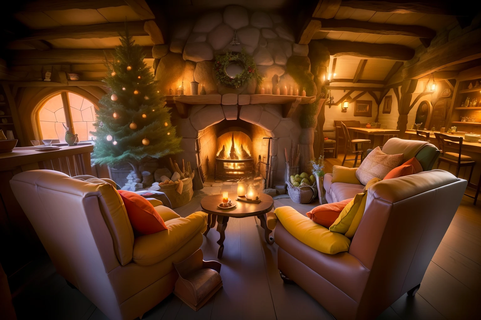 there is a living room with a fireplace and a lot of furniture, cozy setting, interior of a hobbit hole, in fantasy tavern near fireplace, cozy environment, in his hobbit home, hobbiton, cozy atmosphere, a multidimensional cozy tavern, hobbit hole, cozy place, inside a medieval hobbit home, the shire, pleasant cozy atmosphere, the shire castle