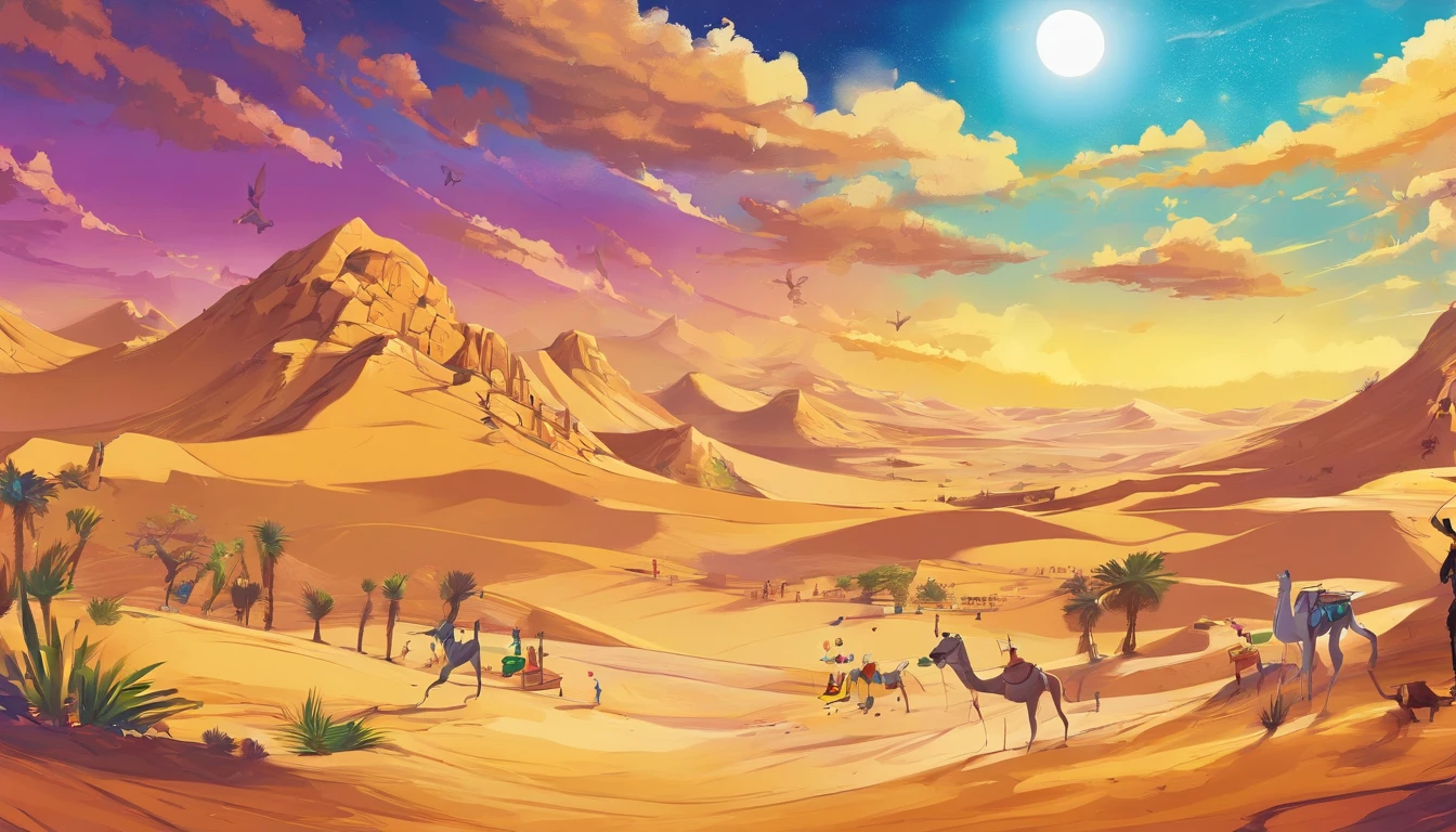Yellow sand in the sky，Camel caravan，Crescent Spring，digital landscape art, detailed scenic view , landscape artwork, environment design illustration, scenery art detailed, Desert oasis landscape, concept-art, 4k highly detailed digital art, 4 k digital painting, stunning digital illustration, Desert in the background, digital painting concept art, Detailed digital painting