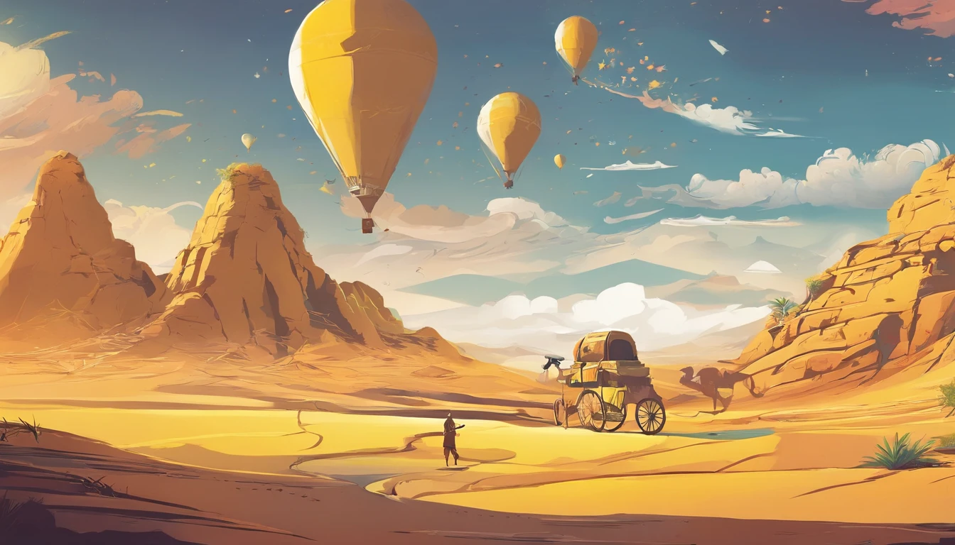 Yellow sand in the sky,Camel caravan,Crescent Spring,digital landscape art, detailed scenic view , landscape artwork, environment design illustration, scenery art detailed, Desert oasis landscape, concept-art, 4k highly detailed digital art, 4 k digital painting, stunning digital illustration, Desert in the background, digital painting concept art, Detailed digital painting