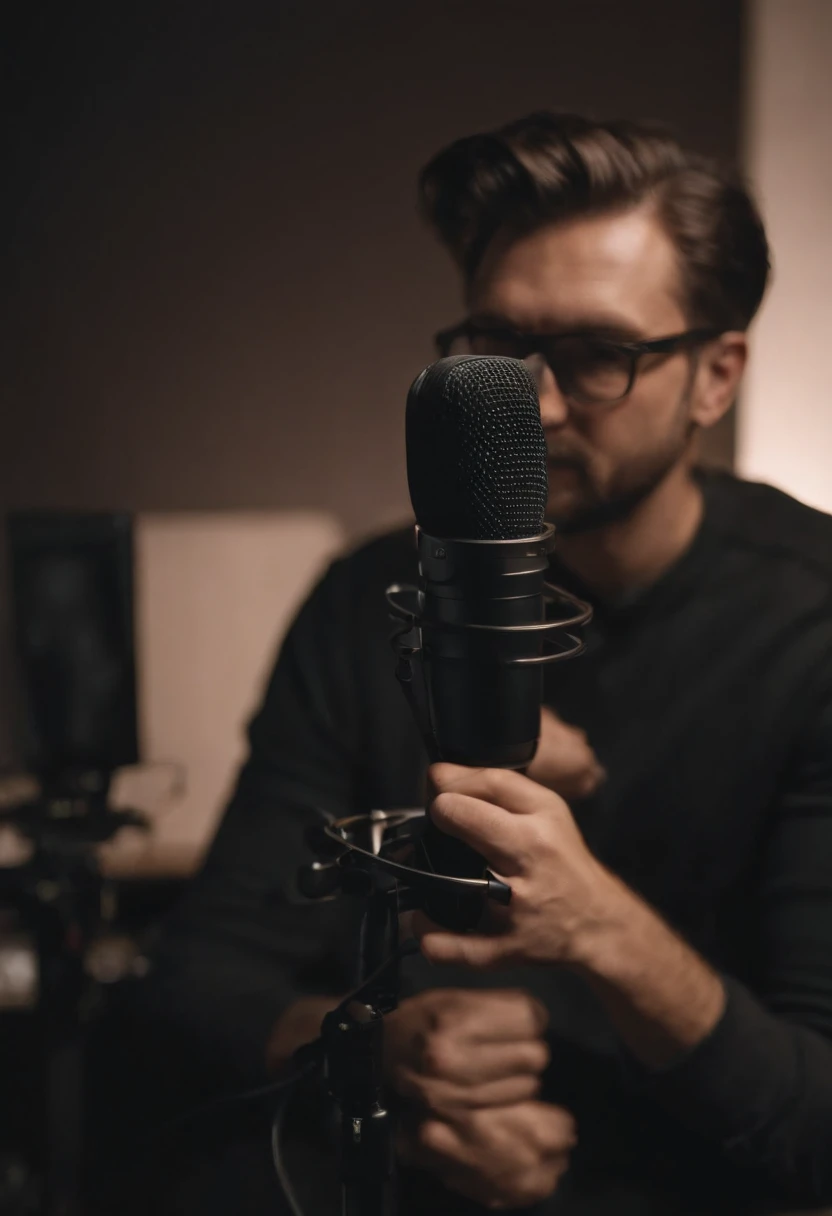 A man video creator, he is doing voice over with black mic, in sitting digital studio