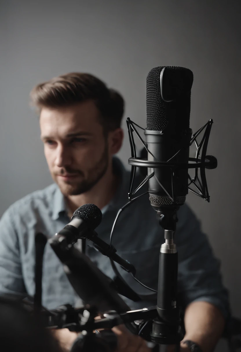 A man video creator, he is doing voice over with black mic, in sitting digital studio