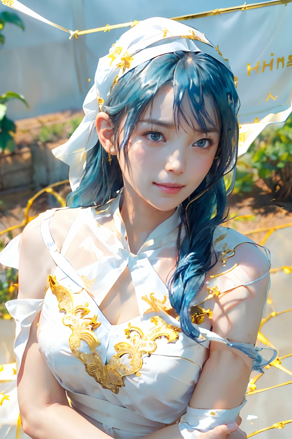 ((top-quality、8K、​masterpiece、Photorealistic:1.4、fine-textured、Beautiful and detailed)), (gold foil, Intricately drawn paisley pattern, Delicate workmanship, (White cloth:1.4), maid dress:1.5), (Long Hair, Beautiful hairstyle, lightbluehair:1.5)、Clear, Fine-grained skin、Beautiful clear eyes、(cleavage of the breast)、Carefree and natural smile、(Hair disheveled in the wind:1.3)、Beautiful girl with a smile、In the garden:1.4、Bright sunlight(thin-waist:1.3)、(Dynamic and provocative poses:1.2)、(Backshots)
