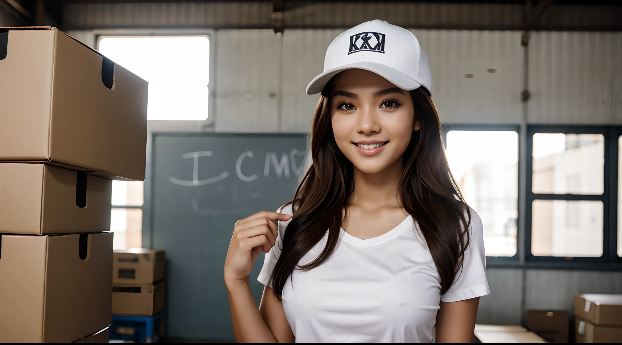 RAW Photo, DSLR BREAK (kkw-ph1:0.9) BREAK half body portrait of ung 20yo woman, holding box, holding box, brown hair, wearing plain white t shirt, plain white trucker cap, perfect eyes, perfect lips, perfect nose, professional color graded, wonderful woman, ecommerce background, warehouse background, cute woman, medium tits , smiling, filipina, pinay, filipino woman, showing butt, rule of thirds shot