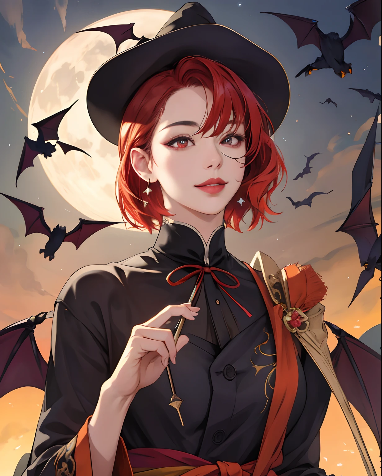 (best quality,16k,8k,4k,highres:1.2),ultra-detailed,(realistic,photorealistic,photo-realistic:1.37),Araki Hirohiko,western style,1beautiful woman,upper body,Japanese,large eyes,red eyes,looking at you,sly smile,full lips,red lipstick,slanted pupils,red hair,bob haircut,wearing glasses,triangular hat,magician's attire,holding a staff,on a full moon night,bats,Halloween,jack-o-lantern,pumpkin