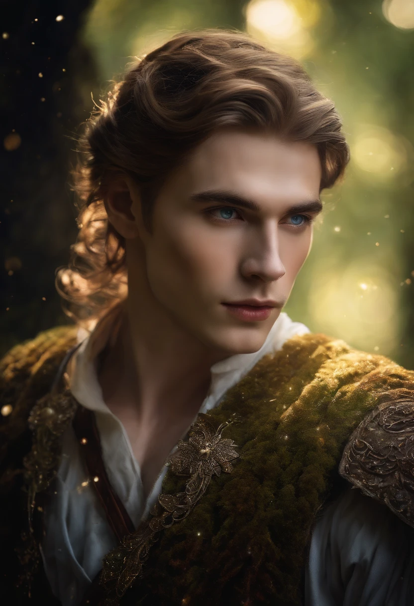 ((One Man)), (((Fantasy portrait of a young man in a mithorogic costume))), ((Long sleaves)), With mystical colored eyes, pale skin, Loose braided hair, Magical, Beautiful, Enchanting, Photorealism, mid-shot, ((Deep forest)), Fantasy Art, (((Many sparkling particles in the air))), ((Ethereal fantasy art)),