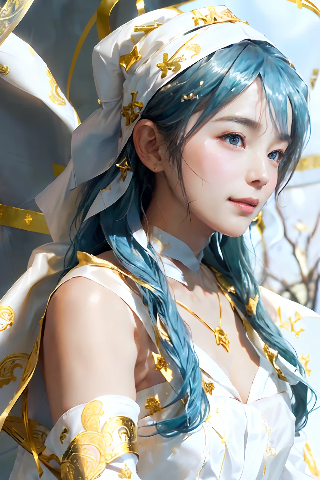 ((top-quality、8K、masterpiece、Photorealistic:1.4、fine-textured、Beautiful and detailed)), (gold foil, Intricately drawn paisley pattern, Delicate workmanship, (White cloth:1.4), maid dress:1.5), (Long Hair, Beautiful hairstyle, lightbluehair:1.5)、Clear, Fine-grained skin、Beautiful clear eyes、(cleavage of the breast)、Carefree and natural smile、(Hair disheveled in the wind:1.3)、Beautiful girl with a smile、In the garden:1.4、Bright sunlight(thin-waist:1.3)、(Dynamic and provocative poses:1.2)、(Backshots)
