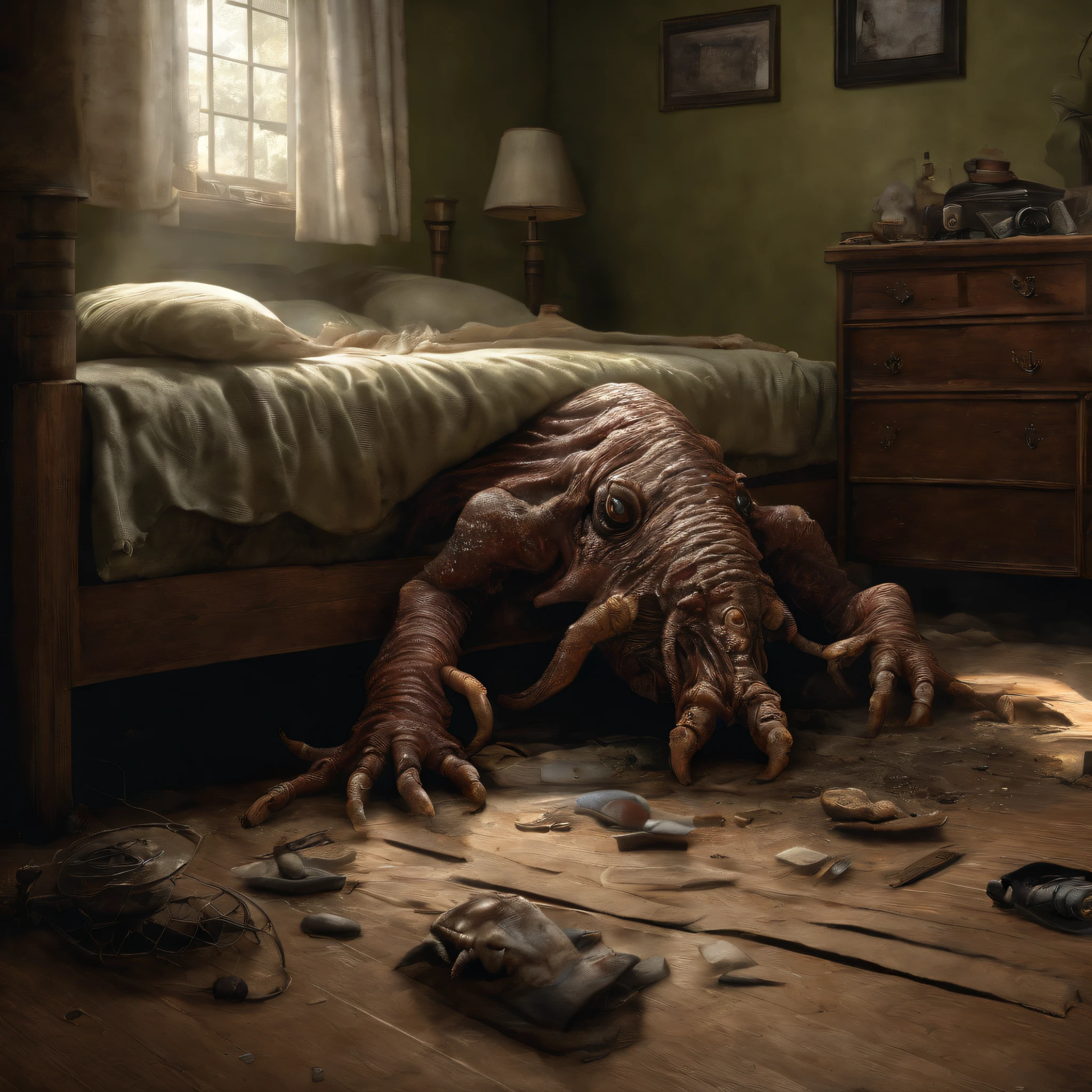 there is a creepy creature that is laying on the floor, the monster under the bed, horror