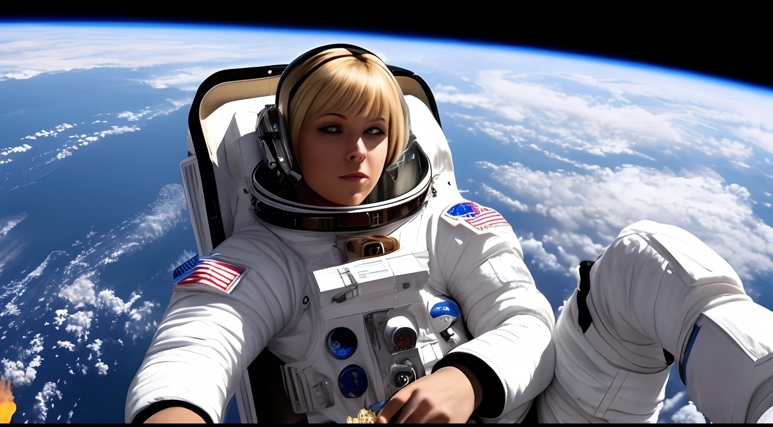 blond female in space, wearing a space suit, relaxing, smoking a cigarette, on a space station --auto