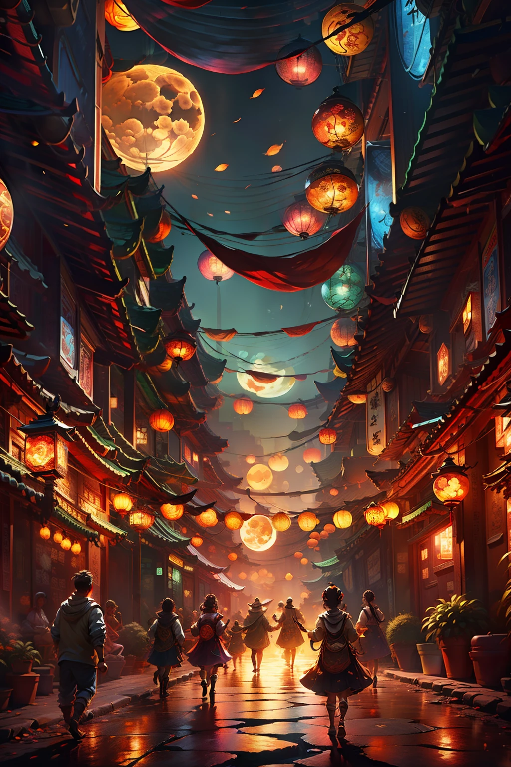 Mid-Autumn Festival poster depicting street atmosphere,Family reunion,Enjoy the moon together,Children playing with lanterns