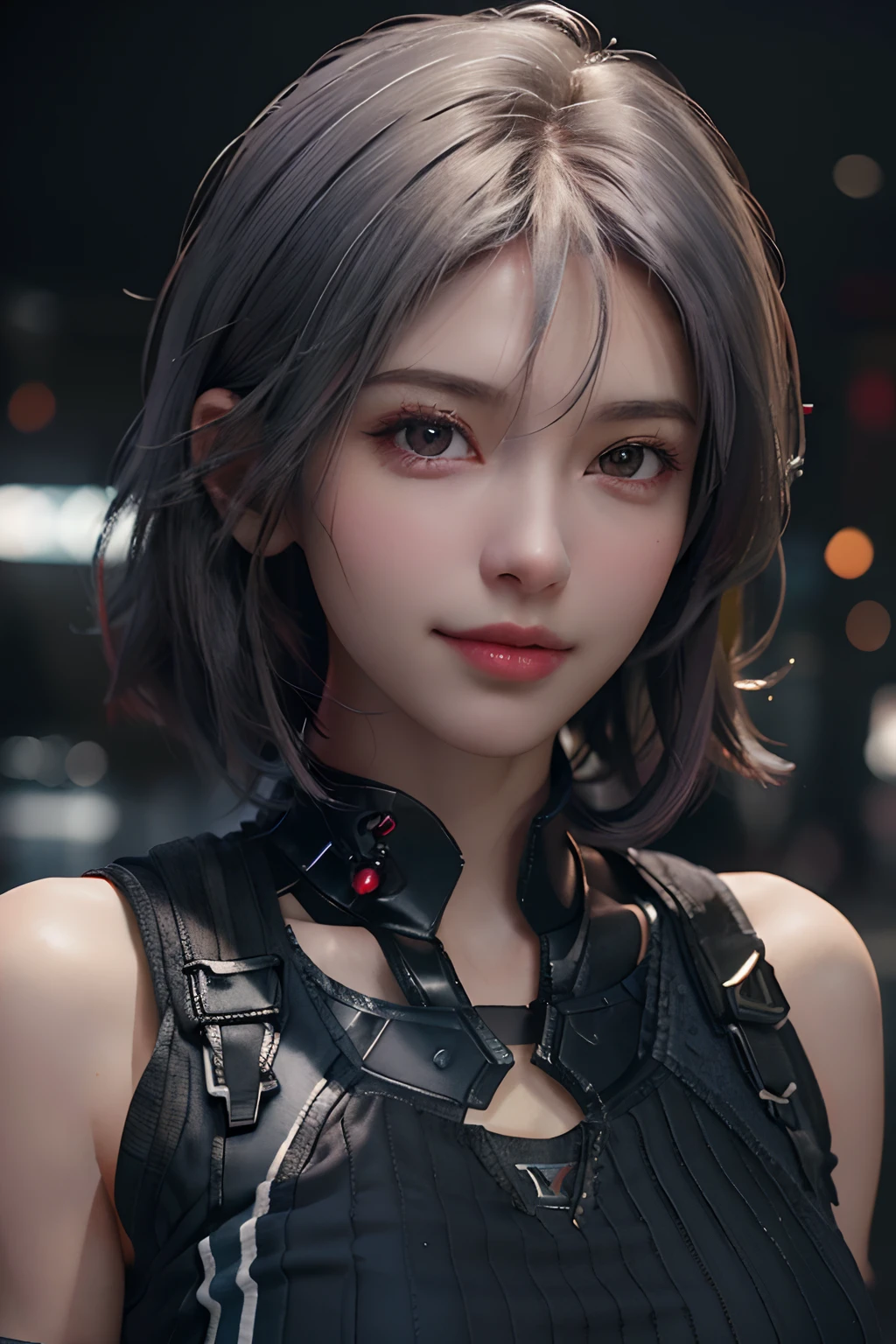 (8k, photorealistic, RAW photo, top quality: 1.4), (1girl), super beautiful, (realistic face), (boyish, silver-colored berry short hair), beautiful cyberpunk suit, glares seducing viewer, beautiful expression, beautiful breasts, (realistic skin), beautiful smile, (soldier), attractive, ultra high resolution, ultra realistic, high definition, spoiled
