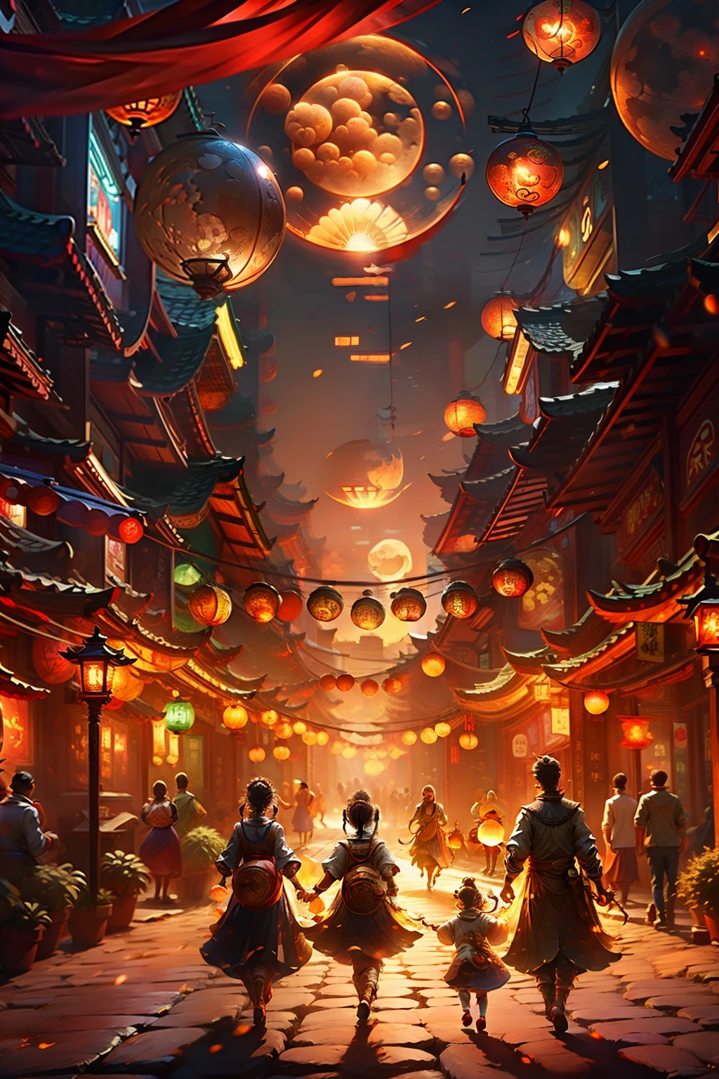 Mid-Autumn Festival poster depicting street atmosphere,Family reunion,Enjoy the moon together,Children playing with lanterns