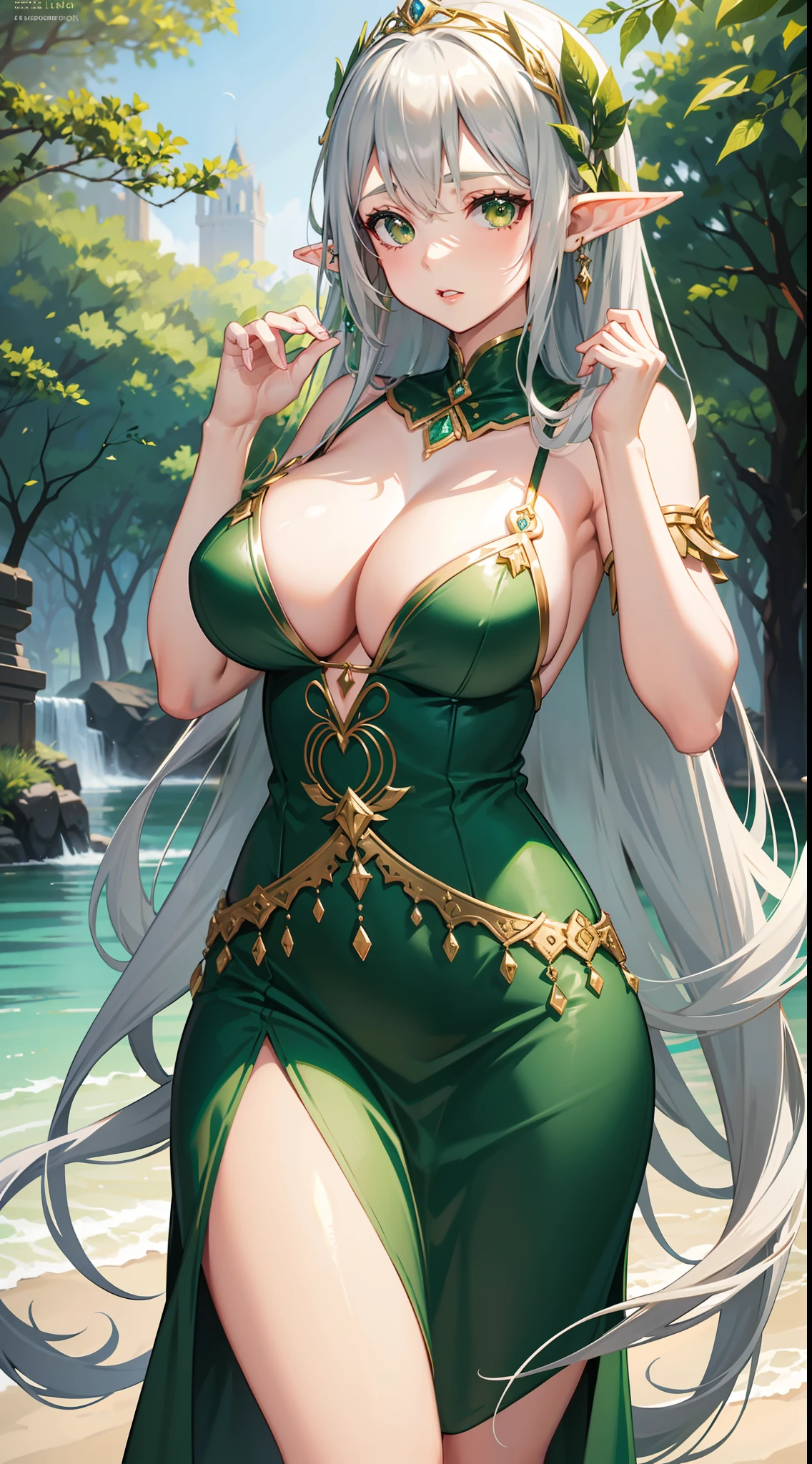 Grown-up girl, Long silver hair, elf ears, Green eyes, large breasts, Green lipstick, green dress, open dress, open breasts, Sleeveless, Sexy, erotic dress, transparent dress, Princess, Gold Elements, Hands up, Masterpiece, hiquality, 4k, HD, Good detail
