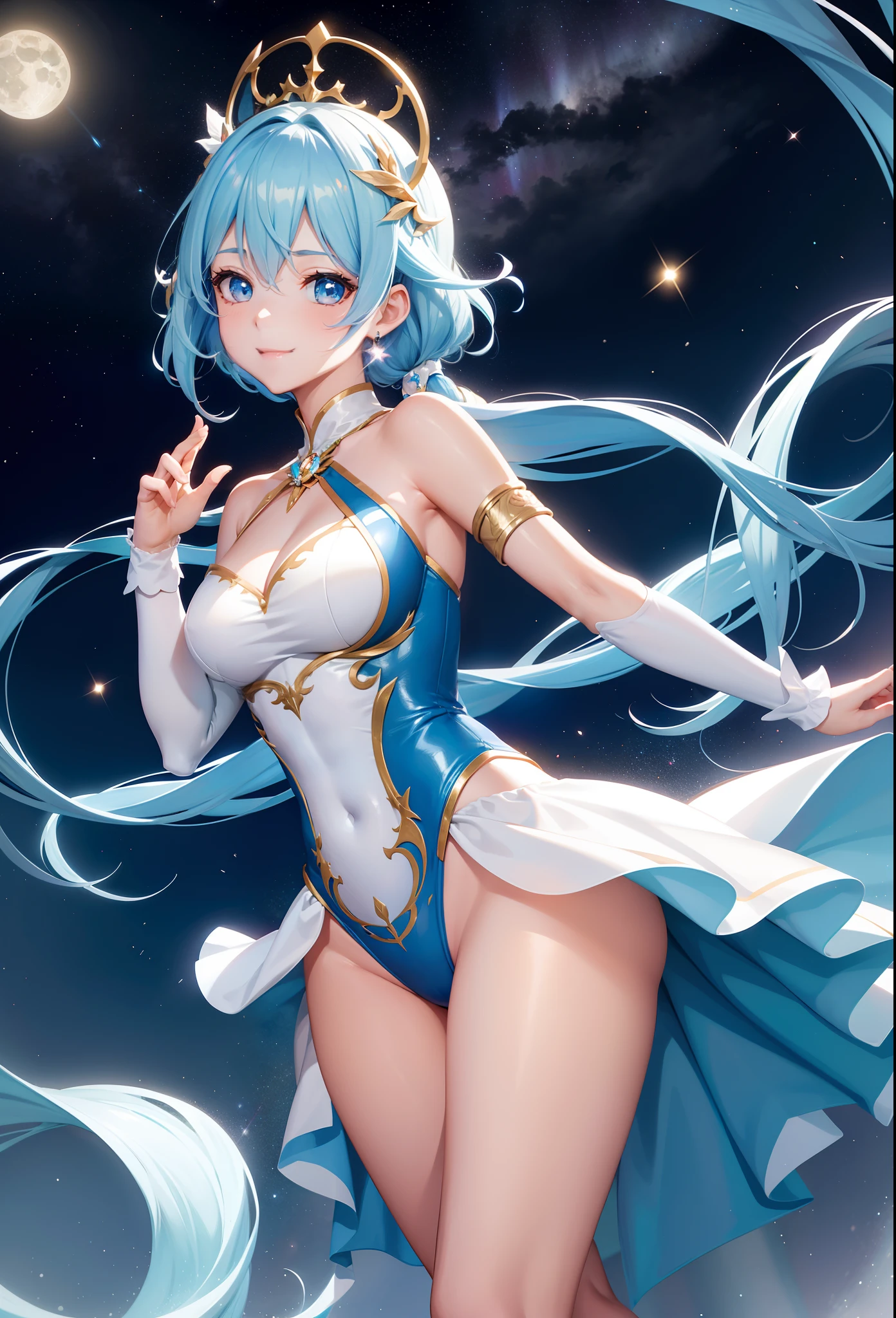 Super Idol　a beauty girl　A charming smile　sky blue hair　length hair　Twin-tailed　Glowing bright cream glowing sexy leotard outfit　Fantasia　constellation　a moon　Crystal Brilliance　Aurora Borealis in the Night Sky