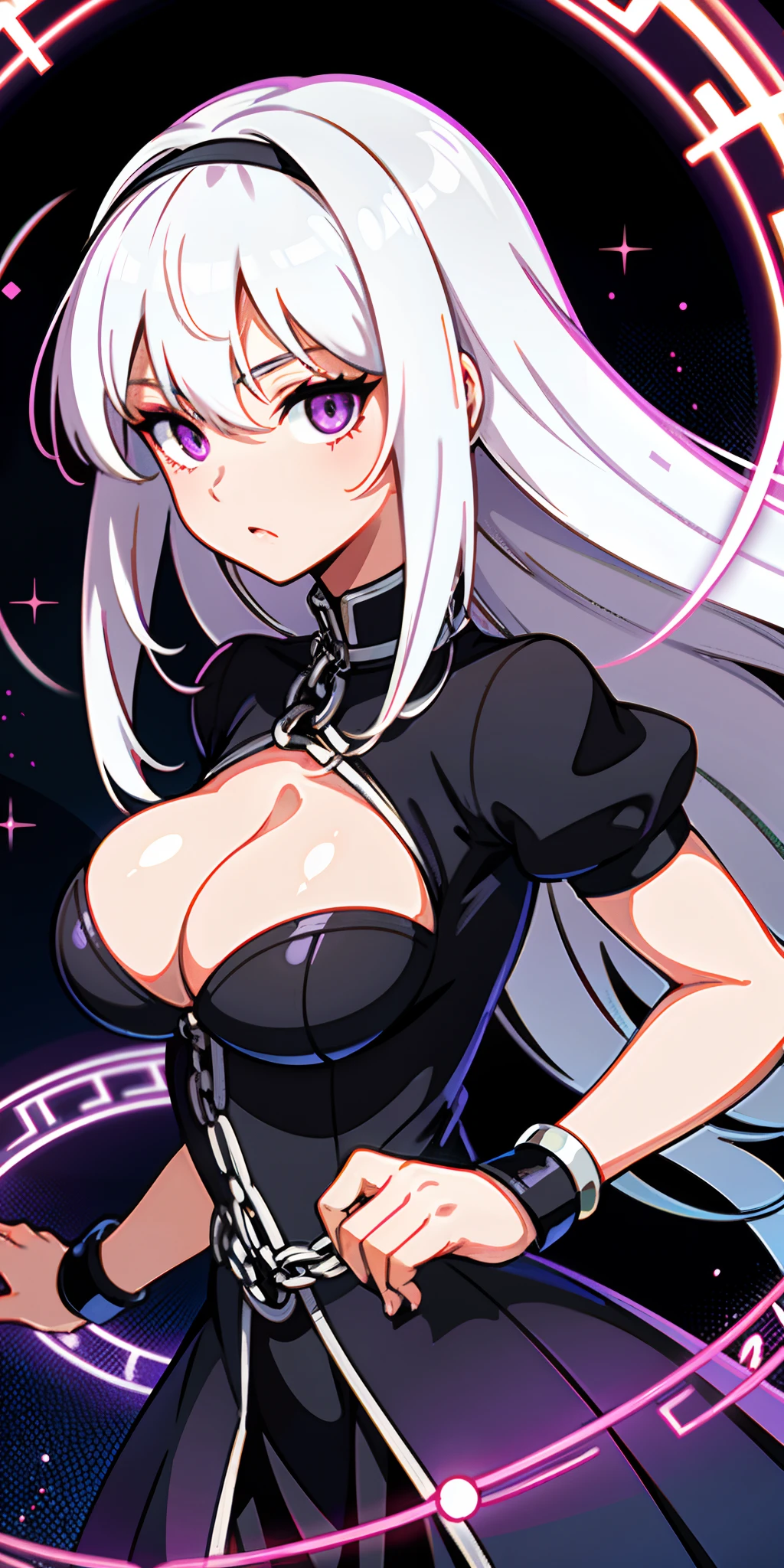 upper body, 1woman, white hair, Long Haired, purple eyes, (slave), chain collar, big breats, wallpaper, magic circle background, light particles, hands behind the back, (masterpiece), best quality, cleavage