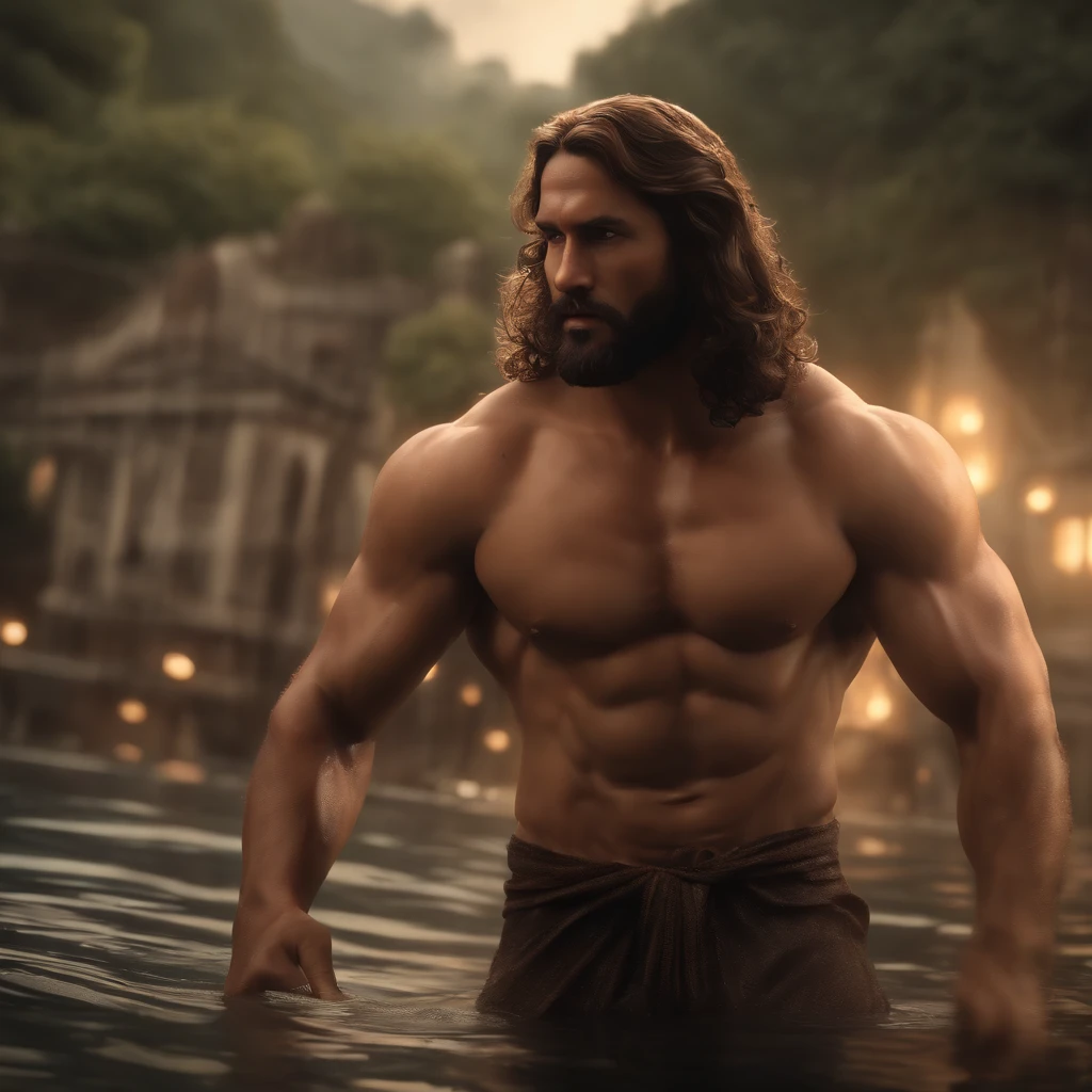 (Professional 3D rendering:1.3) de (Realistic:1.3) foto de arte mais bonita do mundo,afro americano, homem morreno, ((Epic hero rough fantasy muscular man wet hero angry look long hair short beard and fierce expression in dynamic pose, fantastic location, majestoso ambiente desordenado)), corpo inteiro 8k unidade render, action shot, poros da pele, very dark lighting, sombreamento pesado, circunstanciado, rosto detalhado, (Vibrando, Fotografia realista, Realistic, Dramatic, Escuro, foco nítido, 8k), (Roupas de Jesus Cristo:1.4), ((((Use mantos)))), (intrincado:1.4), decadente, (altamente detalhado:1.4), Pintura digital, rendering by octane, art stations, conceito-arte, liso, foco nítido, illustration, germe da arte, (Loish:0.23), Wlop Ilya Kuvshinov, e greg rutkowski e alphonse mucha gracias, (global ilumination, studiolight, light volumetric), chuva forte, floating particles, patife, fantasia, Nosso, Corpo inteiroesbiano, ((Fundo escuro e antigo da cidade:1.3)),CGSesociedade, art stations