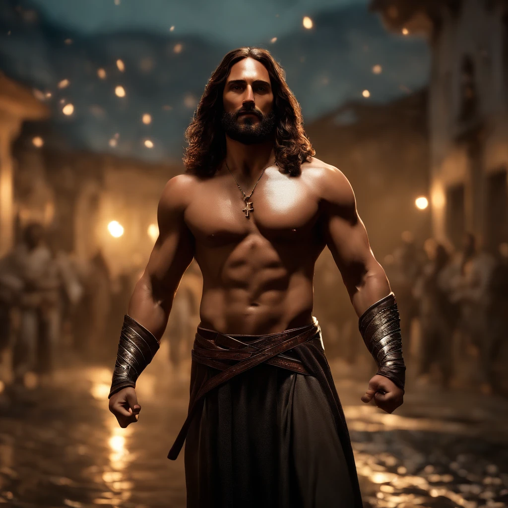 (Professional 3D rendering:1.3) de (Realistic:1.3) foto de arte mais bonita do mundo，afro americano, homem morreno, ((Epic hero rough fantasy muscular man wet hero angry look long hair short beard and fierce expression in dynamic pose, fantastic location, majestoso ambiente desordenado)), corpo inteiro 8k unidade render, action shot, poros da pele, very dark lighting, sombreamento pesado, circunstanciado, rosto detalhado, (Vibrando, Fotografia realista, Realistic, Dramatic, Escuro, foco nítido, 8k), (Roupas de Jesus Cristo:1.4), ((((Use mantos)))), (intrincado:1.4), decadente, (altamente detalhado:1.4), Pintura digital, rendering by octane, art stations, conceito-arte, liso, foco nítido, illustration, germe da arte, (Loish:0.23), Wlop Ilya Kuvshinov, e greg rutkowski e alphonse mucha gracias, (global ilumination, studiolight, light volumetric), chuva forte, floating particles, patife, fantasia, Nosso, Corpo inteiroesbiano, ((Fundo escuro e antigo da cidade:1.3)),CGSesociedade, art stations