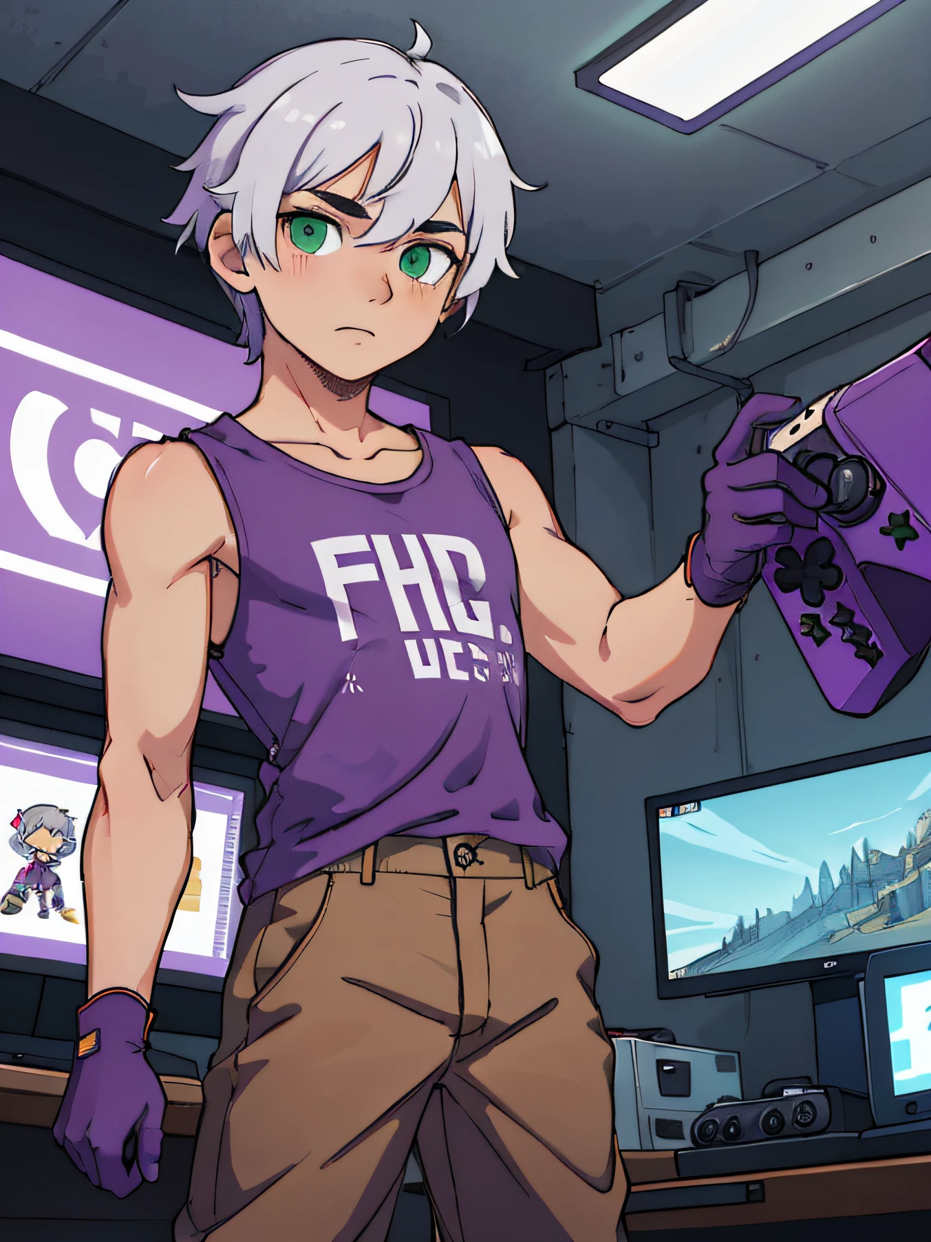 1boy, short white hair, green eyes, purple translucid gloves, clean purple sleeveless t-shirt, brown pants, gamer room, absurdres, high res, ultrasharp, 8K, masterpiece, looking at viewer, full budy