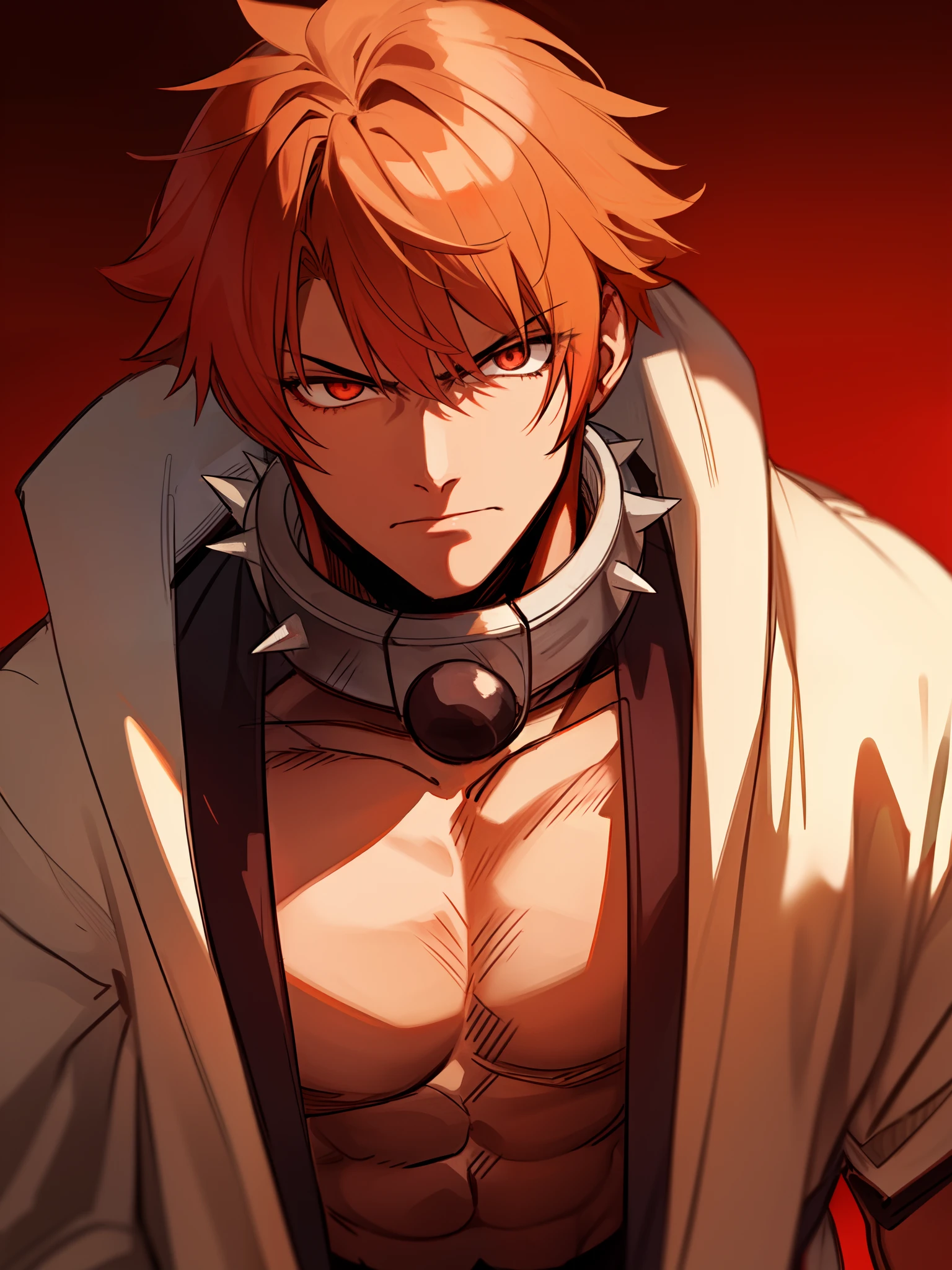 ((spiked collar around neck)), ((shinobi clothing)), ((red colored eyes)), ((bright orange hair)), ((muscular male)), ((short wild hair)), ((mature male)), ((wild hairstyle)), ((complementary colors)), ((tough expression)), ((dark skin)), 1boy, beautifully drawn, high resolution illustration, best quality, High definition, ((detailed anime sketch)), Masterpiece, (solo), absurdres, portrait, detailed background, fine detail, male focus, HDR, upper body, close-up,