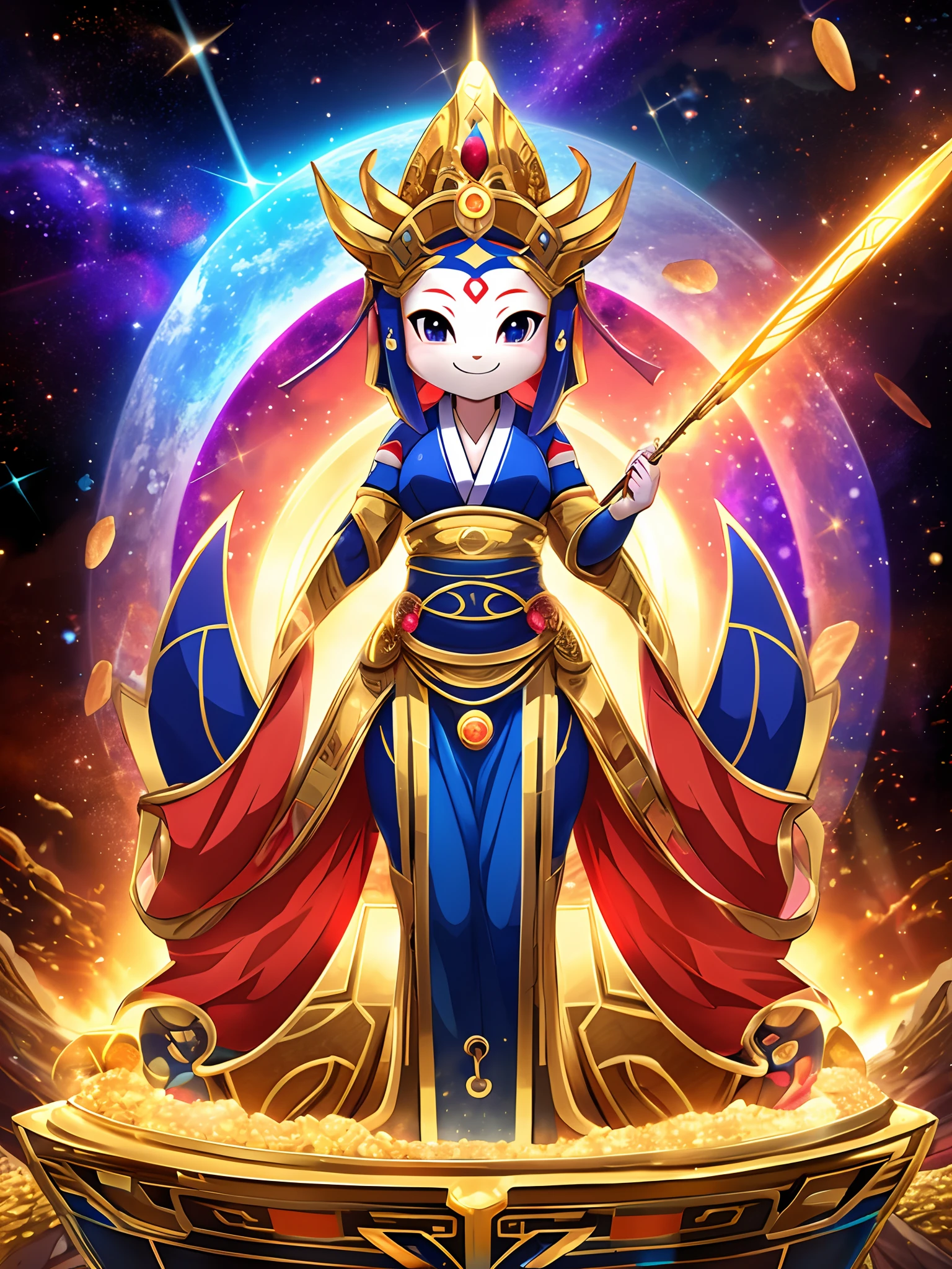 top-quality, masterpiece, 8K picture quality, High-density illustration, Full Body Display, (goddess of Japan:1.1, Omniscience and omnipotent power), Advent from a fantastic space, Colorful colors, cute face, A smile that brings good luck, (Looking at the camera from the front), Gold treasure on background, Golden wand in left hand