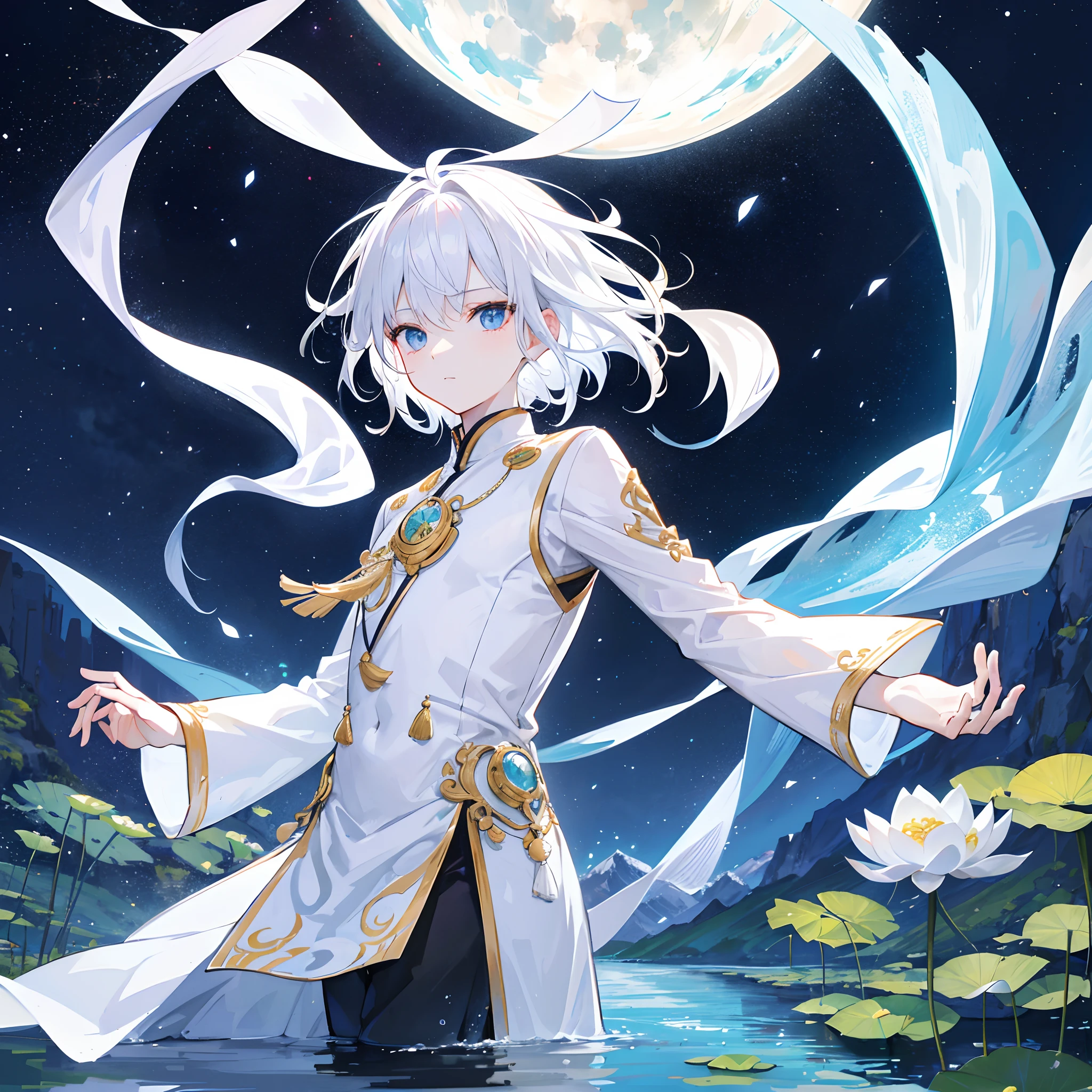 A white-haired boy,Meditate on the lotus,Double closed ten,The water is calm,Backed by mountains and rivers,The galaxy is brilliant,Manhwa Style,HD graphics