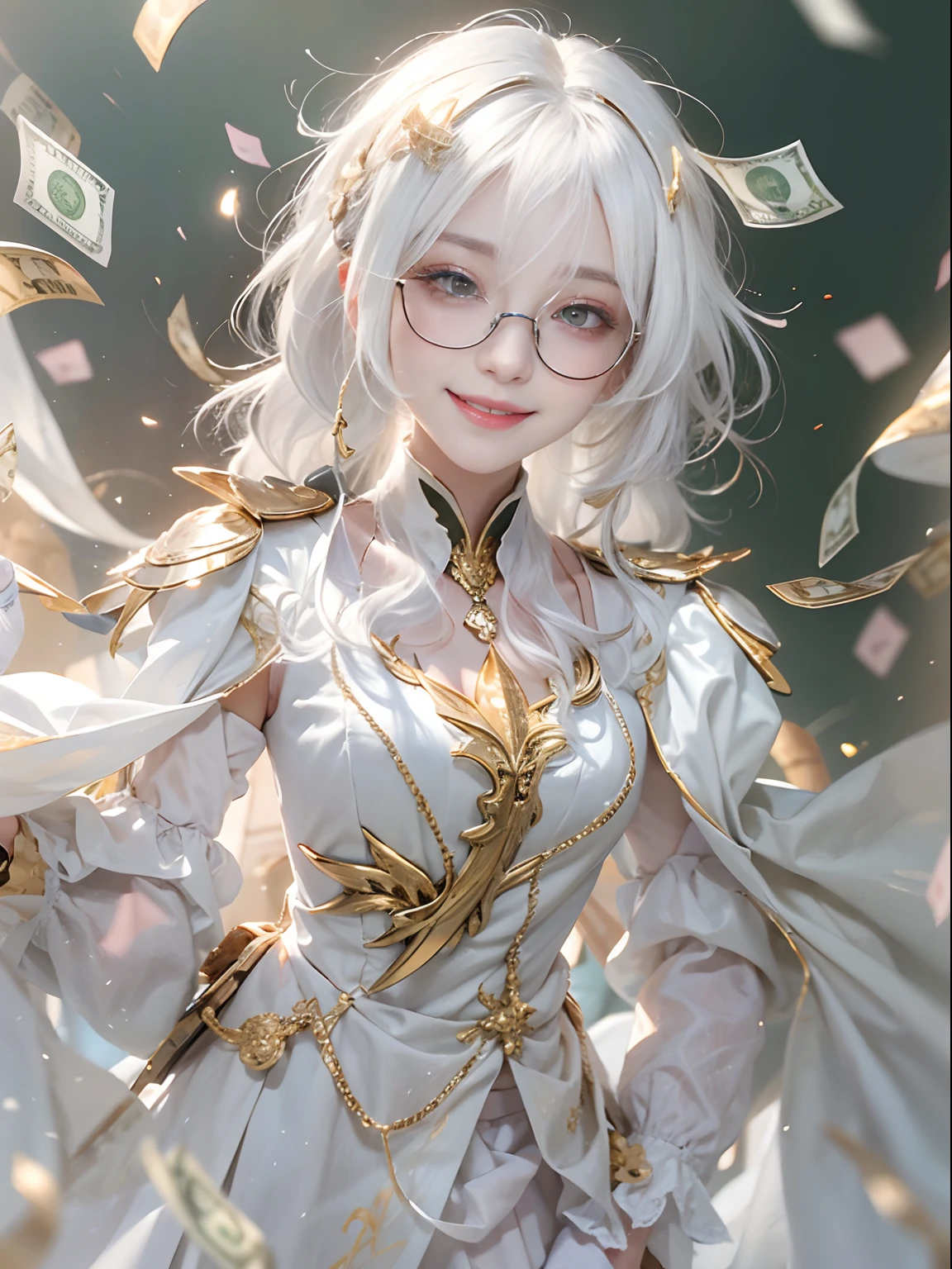 Best quality, White hair, Gold eyes, White clothes, Looking up, Upper body, Hairline, Fair skin, Smiling, eye glass, Throw money