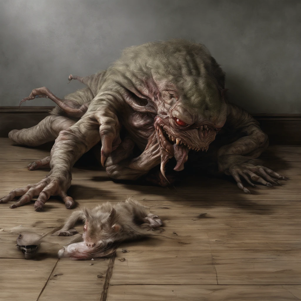 there is a creepy creature that is laying on the floor, the monster under the bed, sleep paralysis monster, creepy, scary,