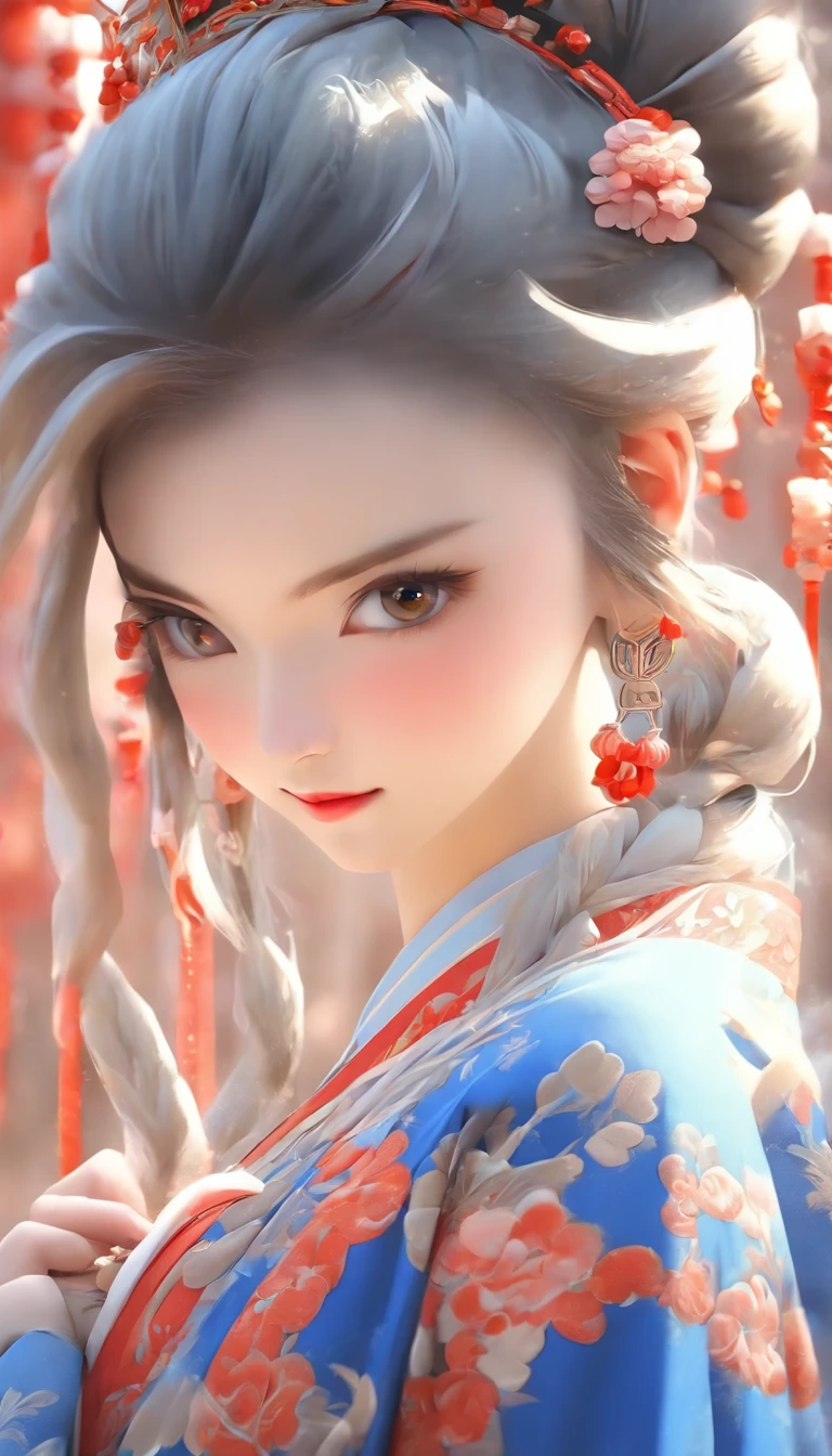 A cartoon illustration of a lady in ancient China，The artistic image of a girl wearing a blue Chinese style Hanfu is depicted，With elegant beauty、Blend patterns、closeup cleavage、Charming characters、illustratio、folkloric