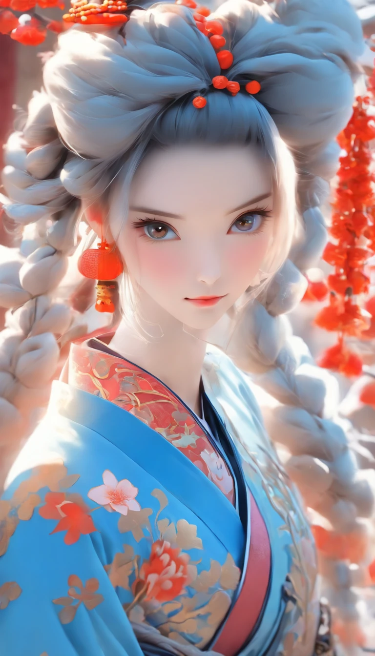 A cartoon illustration of a lady in ancient China,The artistic image of a girl wearing a blue Chinese style Hanfu is depicted,With elegant beauty、Blend patterns、closeup cleavage、Charming characters、illustratio、folkloric