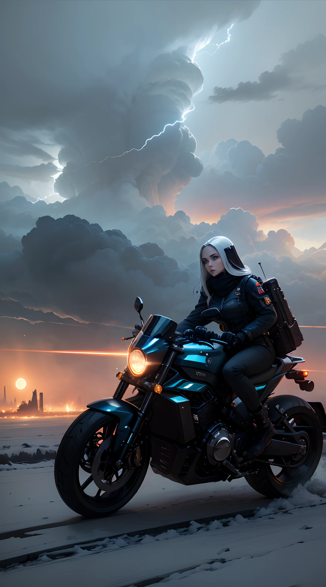 realistic visual effects，attractive beautiful，dramatic contrast，Gentle lighting，Delicate warmth，the soft light，hyper HD，Extremely colorful，best qualityer，Snow-whiteskin，8K high quality，Sexy goddess，A pair of big eyes are beautiful and moving，White skin，Makeup，Sexy outfit，Armed with futuristic modern weapons，gold；jewely；Blue Electric，【Background with】Large gears，Large gears，Doomsday ruins，Giant tornado，Strange sky，Lightning Thunder，The setting sun burns the dark clouds，Multiple planets，The end of the world，Multiple planets，Mards，Jupiter，Mercury，Strange sky，The Eiffel Tower，Egyptian pyramids，Great Wall of China，Giant Tornado ultra-futuristic car，Cool headlights。