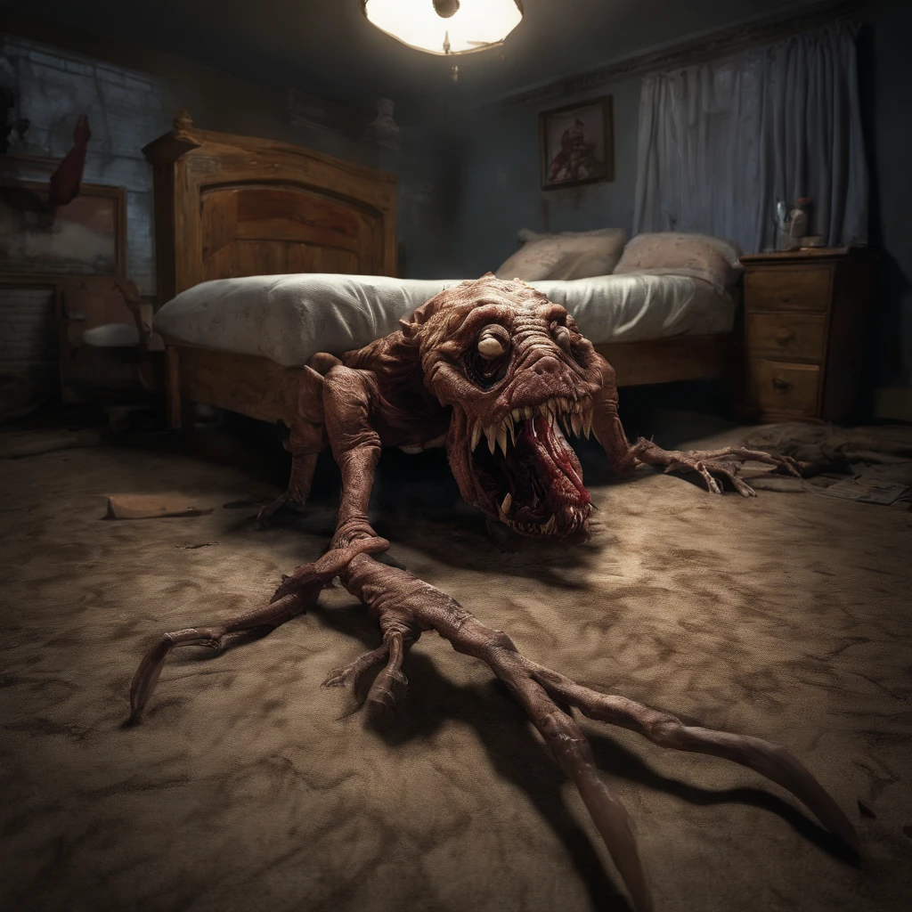 photographed, unknown creature, under the bed, horror vibe, detailed, best composition, dramatic lighting, horror, scary