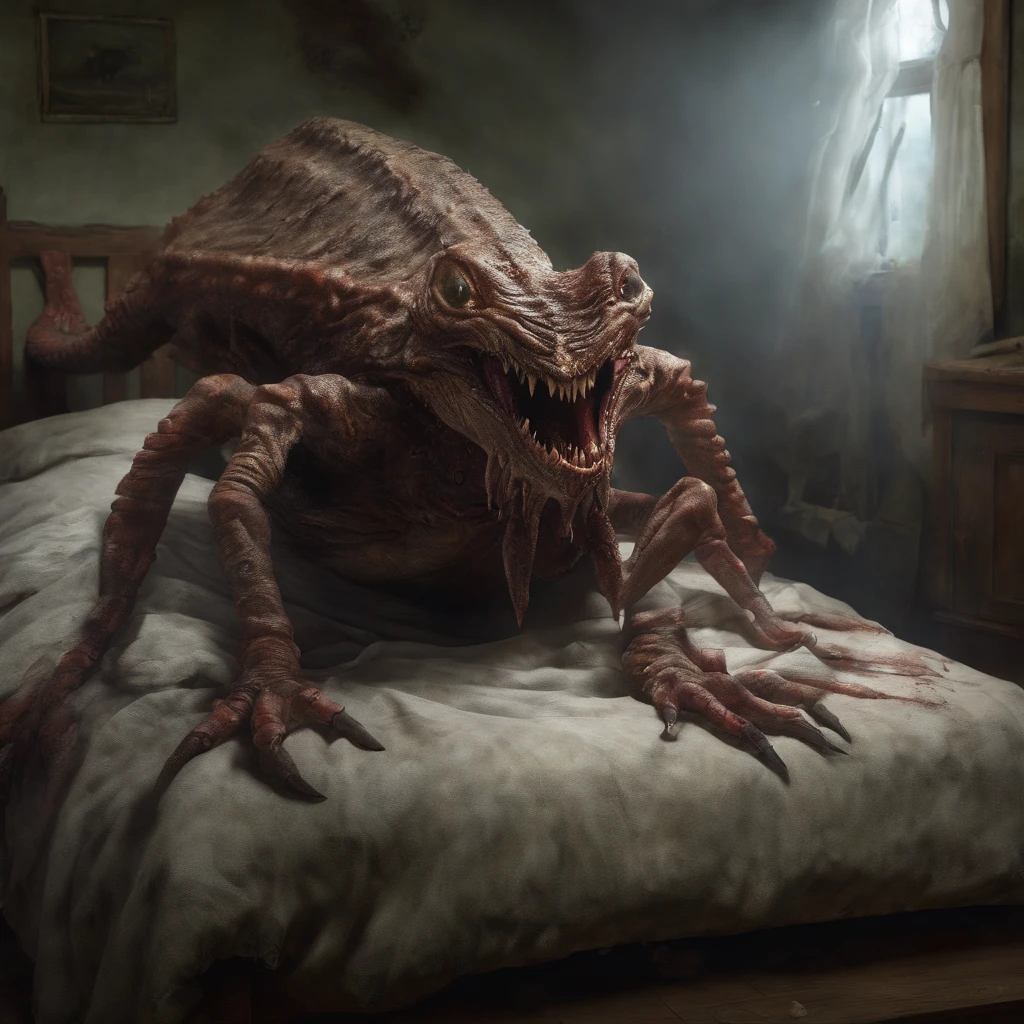 a detailed 3D rendering of a creature under the bed, an atmosphere of horror, best composition