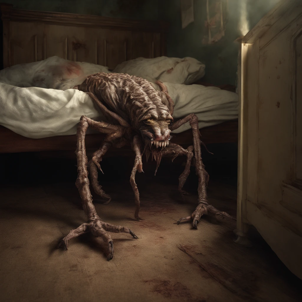 photographed, unknown creature, under the bed, horror vibe, detailed, best composition, dramatic lighting, horror, scary