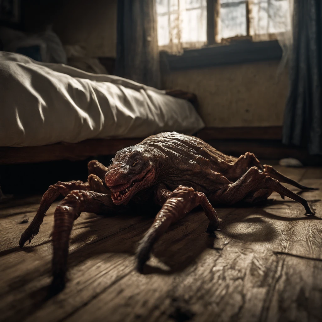 photographed, unknown creature, under the bed, horror vibe, detailed, best composition, dramatic lighting, horror, scary