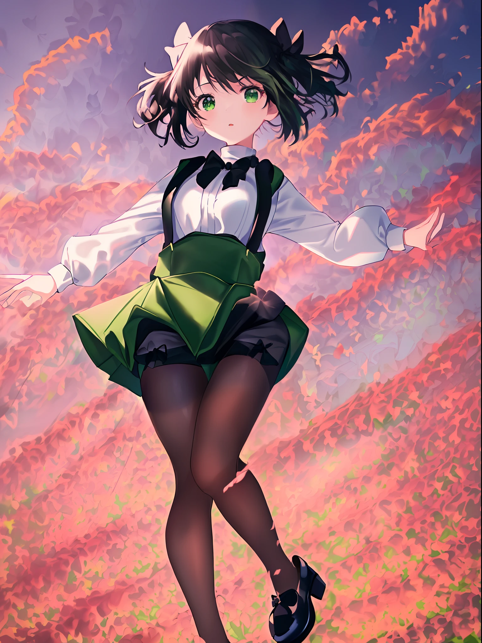 1 girl, solo, masterpiece, highres, ultra details, CG quality, cute loli, full body, (from side:1.2), black hair, green eyes, high quality eyes, high quality hands, (twin pigtails:1.3), (hair bows:1.3), (short hair:1.6), (green skirt:1.5), (short skirt:1.5), (wide suspender:1.8), suspenders crossing in the back, (white_turtleneck_sweater:1.3), medium breast, long sleeves, (black pantyhose:1.4), (black princess shoes:1.3), (bows on shoes:1.3), standing, delighted, arching back, (looking down:1.3), (looking side:1.2), spreading arms, tiptoe, legs apart, foggy flower field, (floating pollens:1.5), high quality background, depth of field
