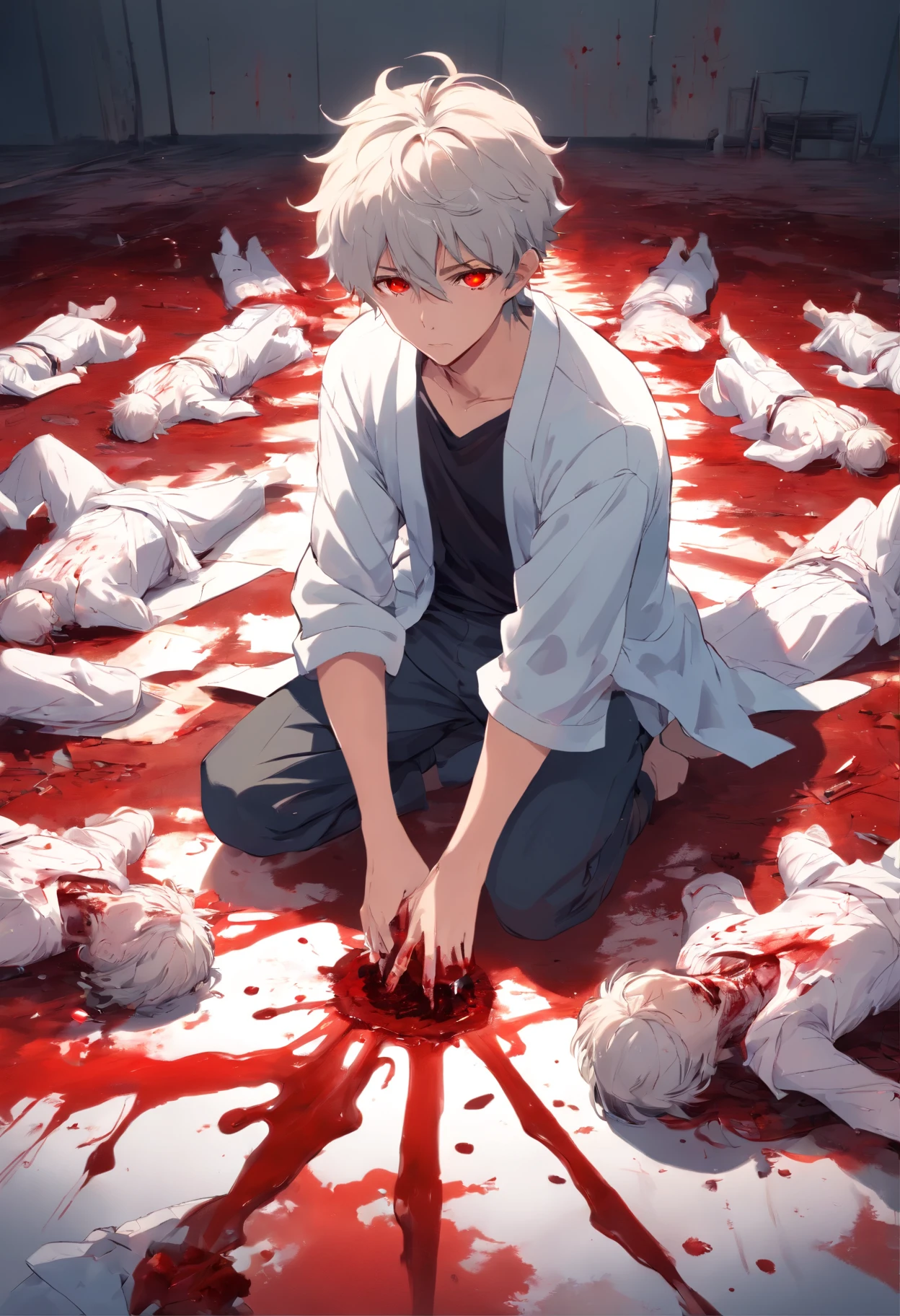 A young  man with curly white hair and blood red eyes with a white garment strapped with blood on his body on the floor a pile of dead bodies with blood on the floor